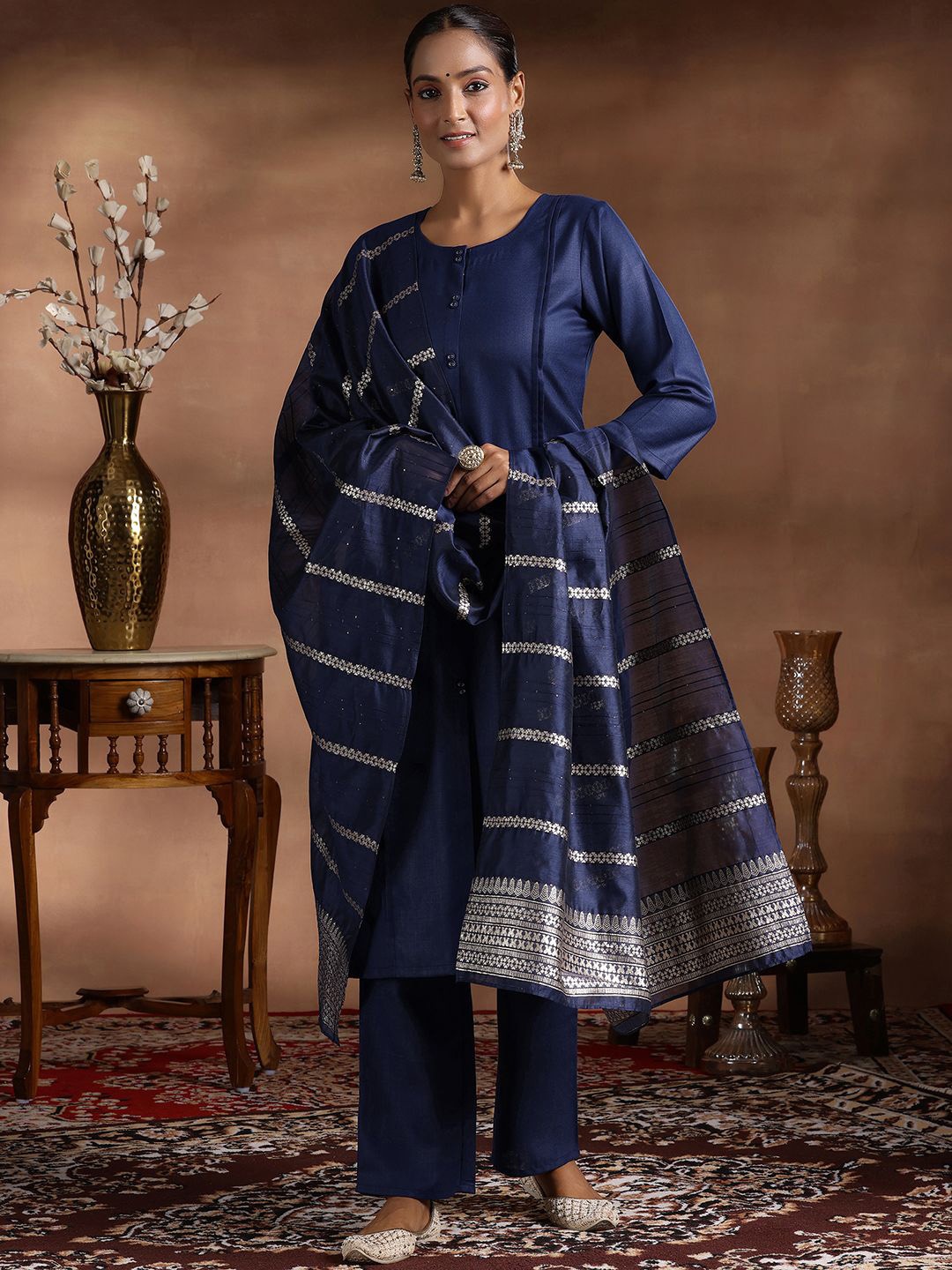 

Libas Round Neck Pleated Straight Kurta with Trousers & Dupatta, Navy blue