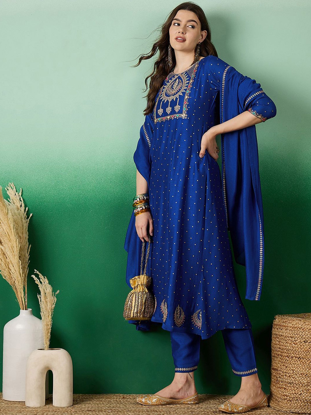 

Sangria Blue floral Embroidered A-Line Kurta & Trousers With Dupatta