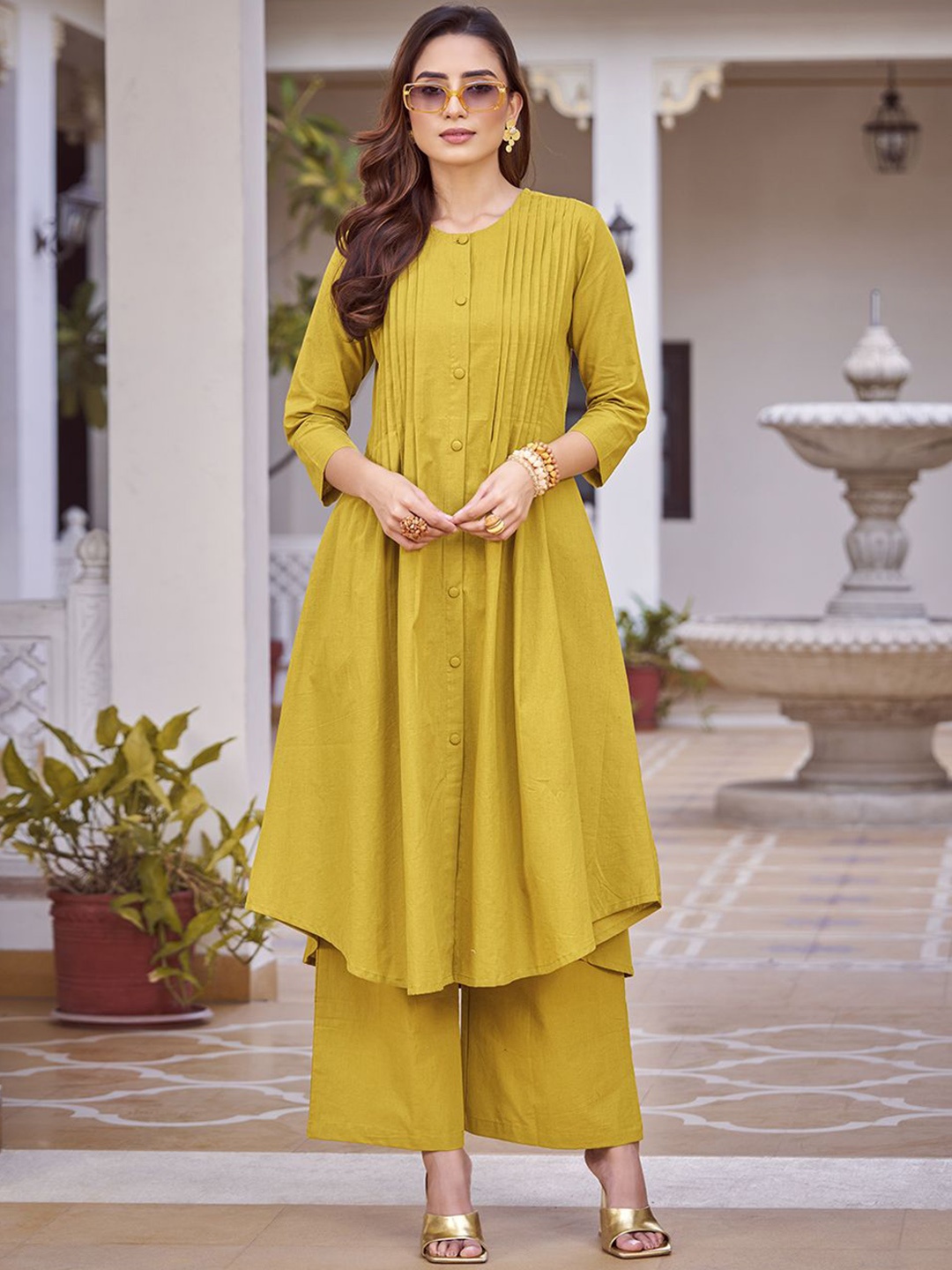 

KALINI Pure Cotton Pleated A-Line Kurta with Palazzos, Mustard
