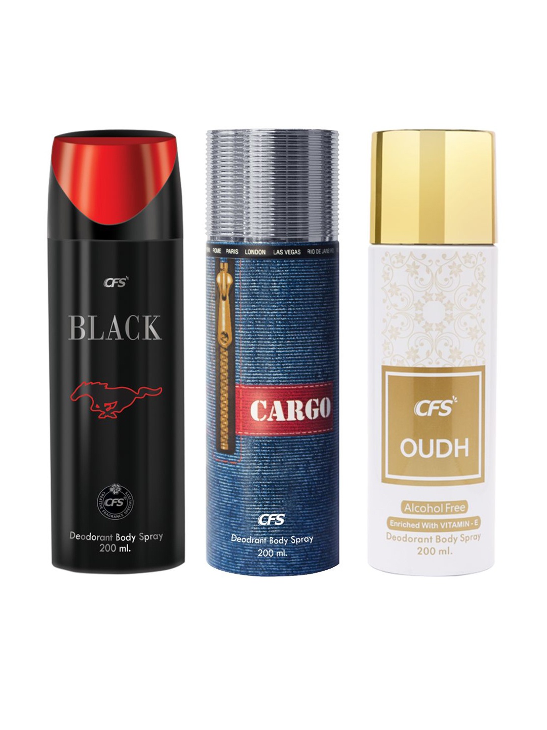 

CFS Black, Cargo Blue & Oudh White Set Of 3 Deodorant Body Spray - 200ml Each
