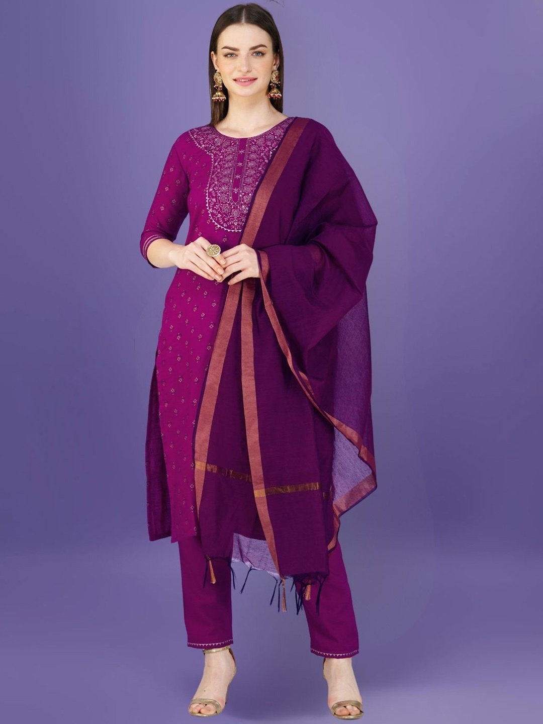 

KAZIA Floral Printed Thread Work Straight Kurta with Trousers & Dupatta, Purple