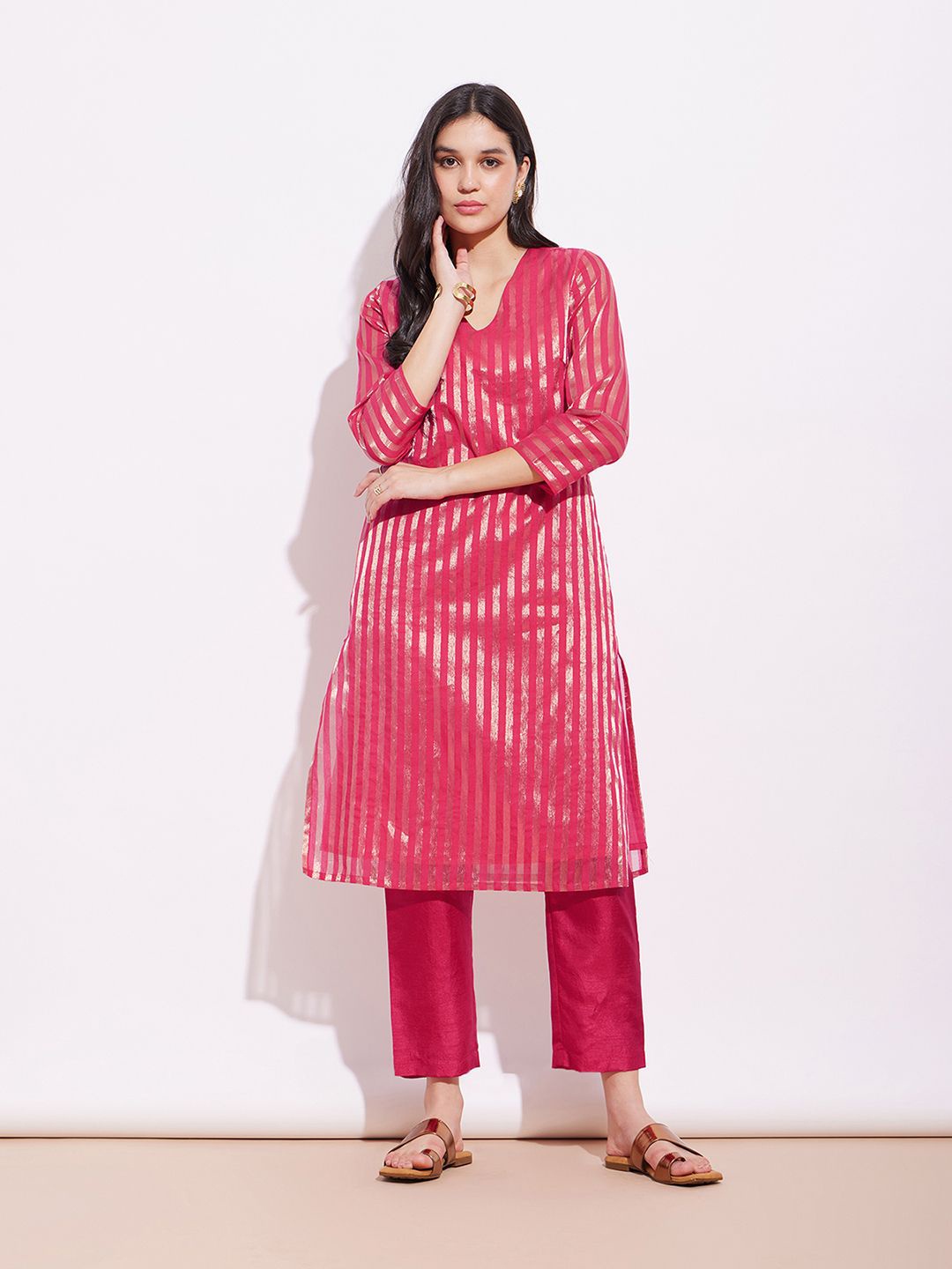 

Pink Fort Striped Zari Regular Kurta with Trouser