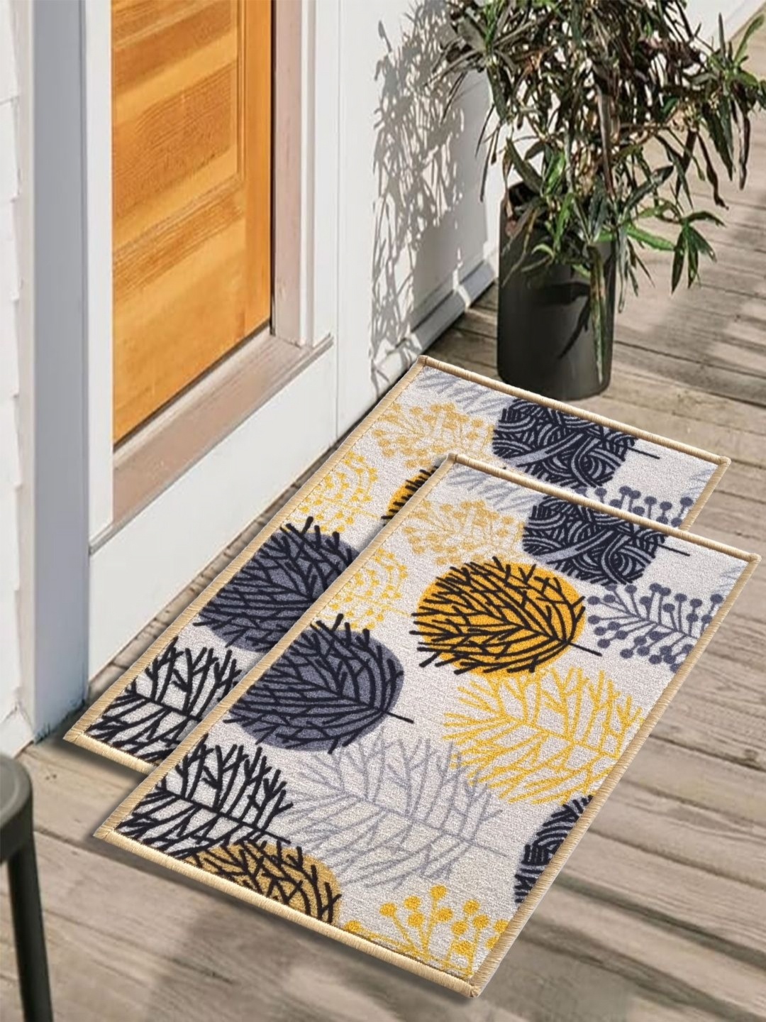 

Matz and More Grey & Yellow 2 Pieces Floral Printed Rectangle Anti-Skid Doormats