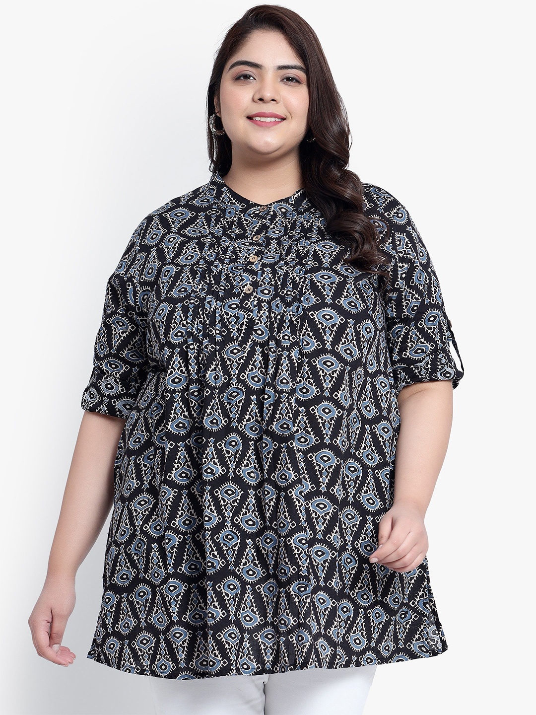 

Indietoga Women Plus Size Abstract Printed Mandarin Collar Cotton Top, Black