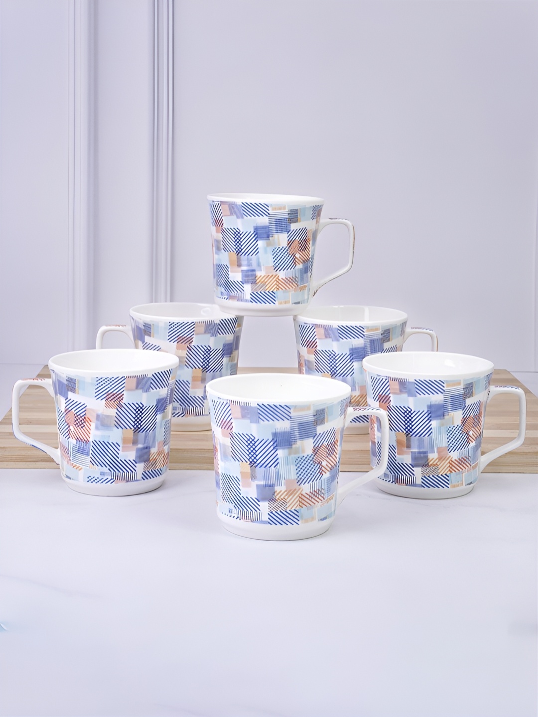 

UPC White & Blue 6 Pieces Printed Ceramic Glossy Cups 220 ml