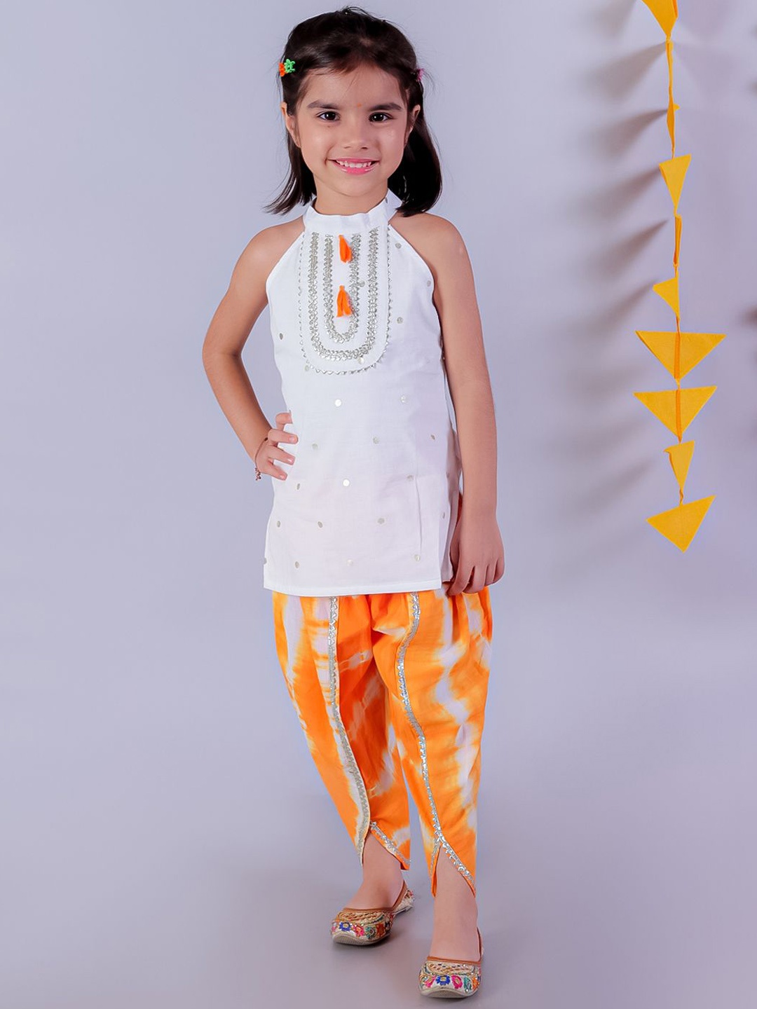 

LIL DRAMA Girls Embroidered Gotta Patti Pure Cotton Straight Kurta With Dhoti Pant, Orange