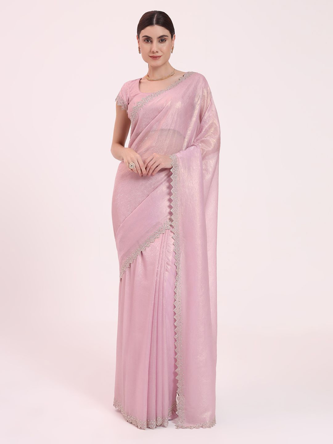 

FIORRA Organza Crushed Siroski Work Embellished Border Saree With Unstitched Blouse, Pink