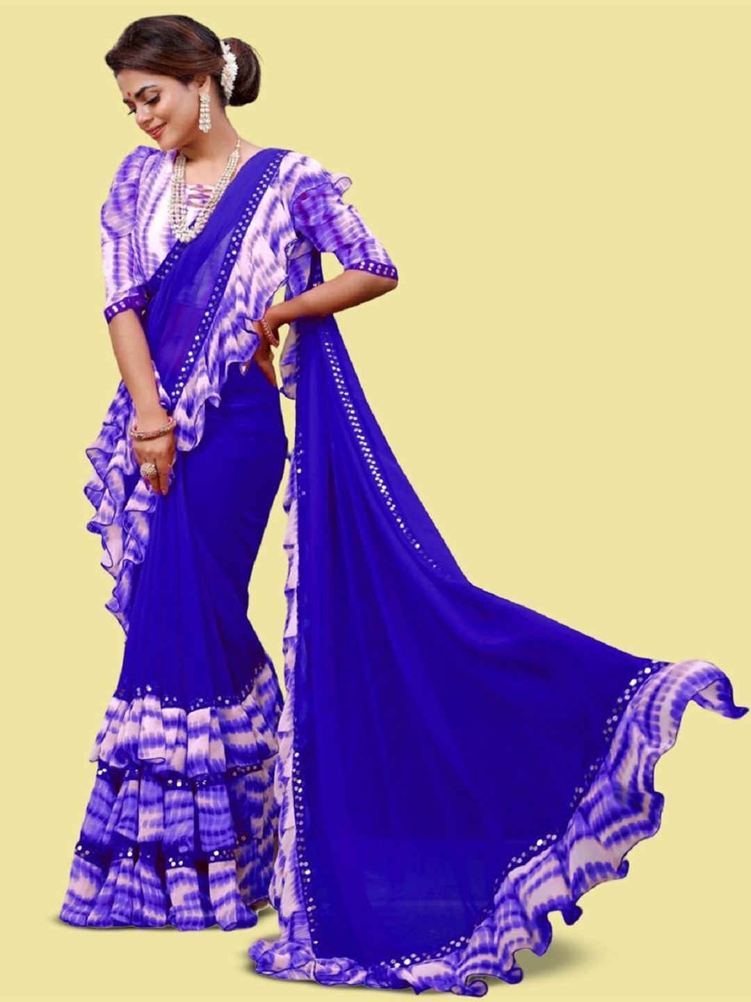 

LADY SHOPI Tie and Dye Sequinned Ruffles Pure Georgette Saree, Blue