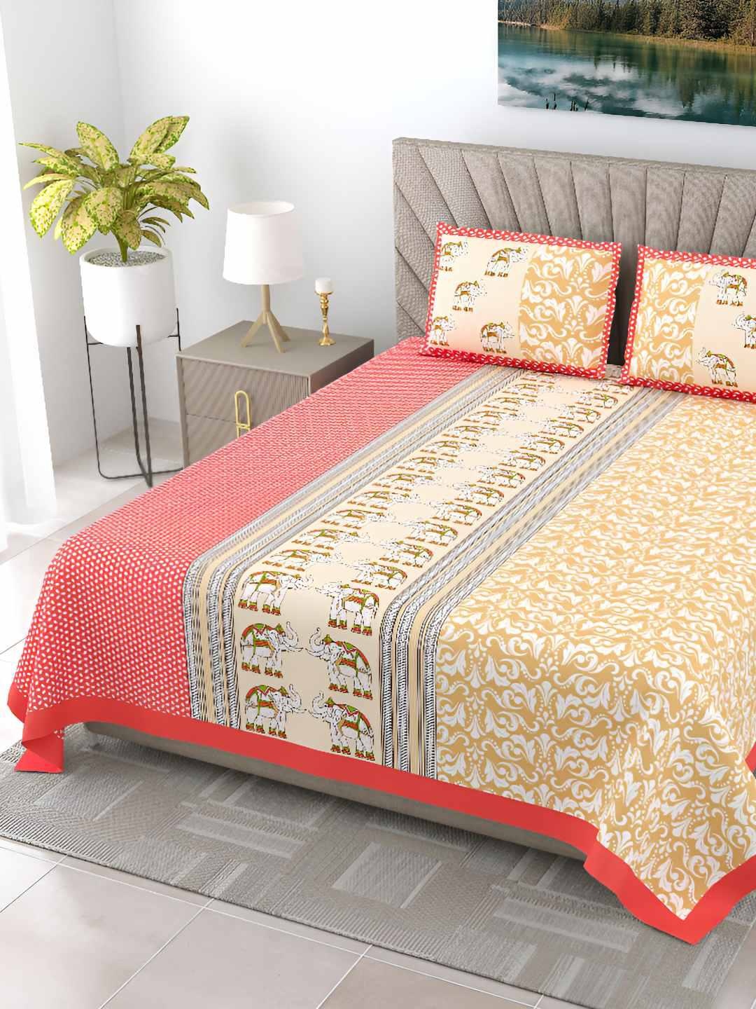 

BED-SHEET.COM Yellow Ethnic Motifs 250 TC Cotton King Bedsheet with 2 Pillow Covers