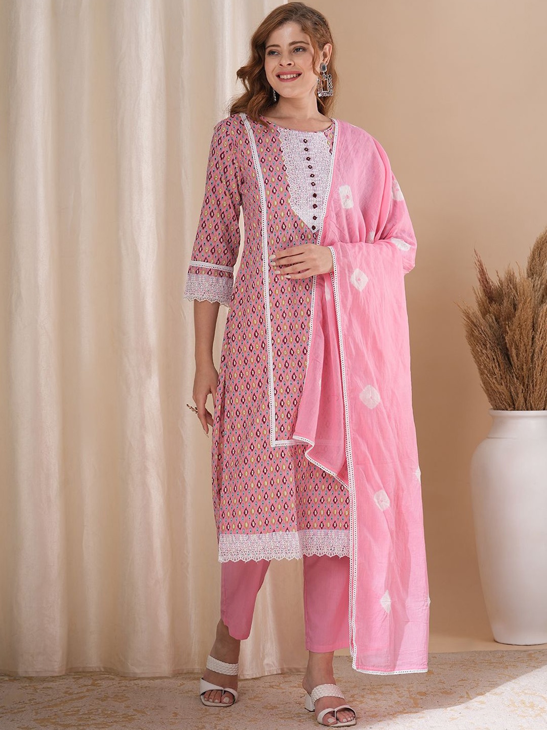 

FASHOR Ethnic Motifs Printed Pure Cotton Straight Kurta With Trousers & Dupatta, Pink