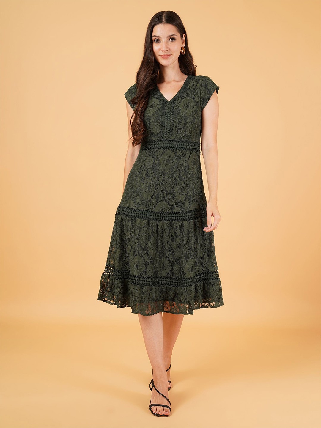 

IX IMPRESSION V-Neck Cap Sleeves Schiffli A-Line Dress, Green