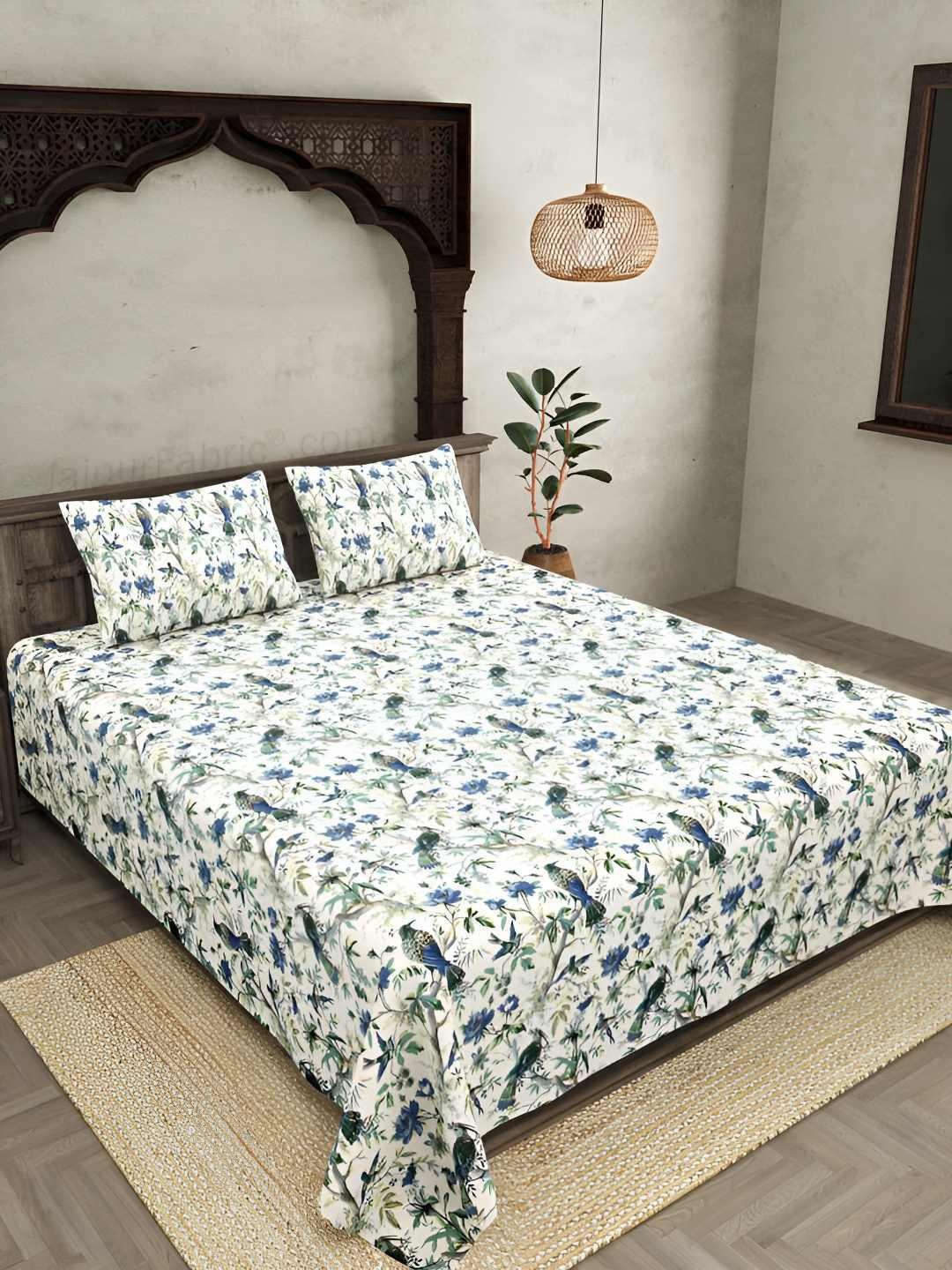 

BED-SHEET.COM Blue & Green Floral 250 TC Cotton King Bedsheet with 2 Pillow Covers