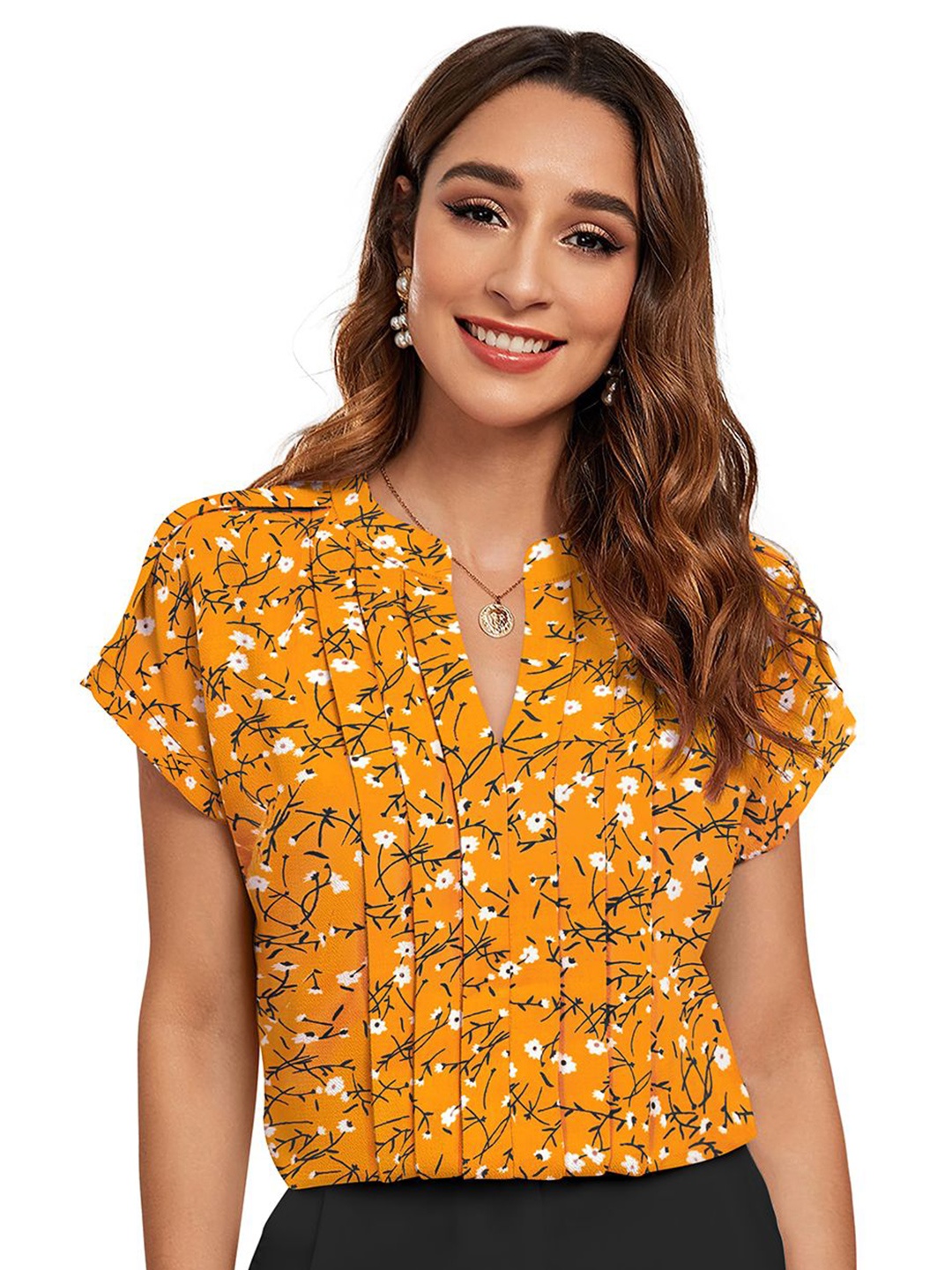 

Sitanjali Women Floral Printed Mandarin Collar Cotton Top, Yellow