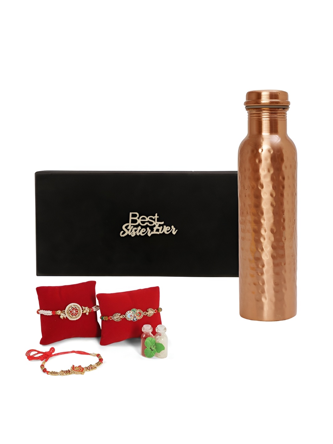 

INTERNATIONAL GIFT Set Of 4 Rakhis With Water Bottle & Roli Chawal, Red