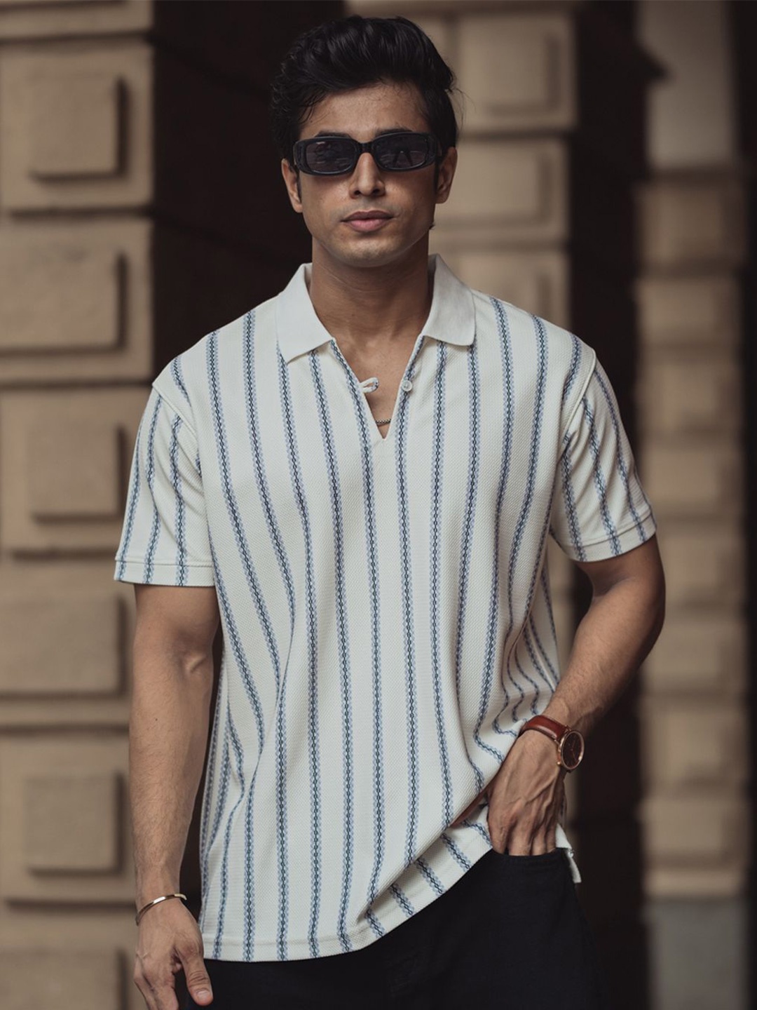 

Powerlook Men Striped Polo Collar Cotton T-Shirt, Off white