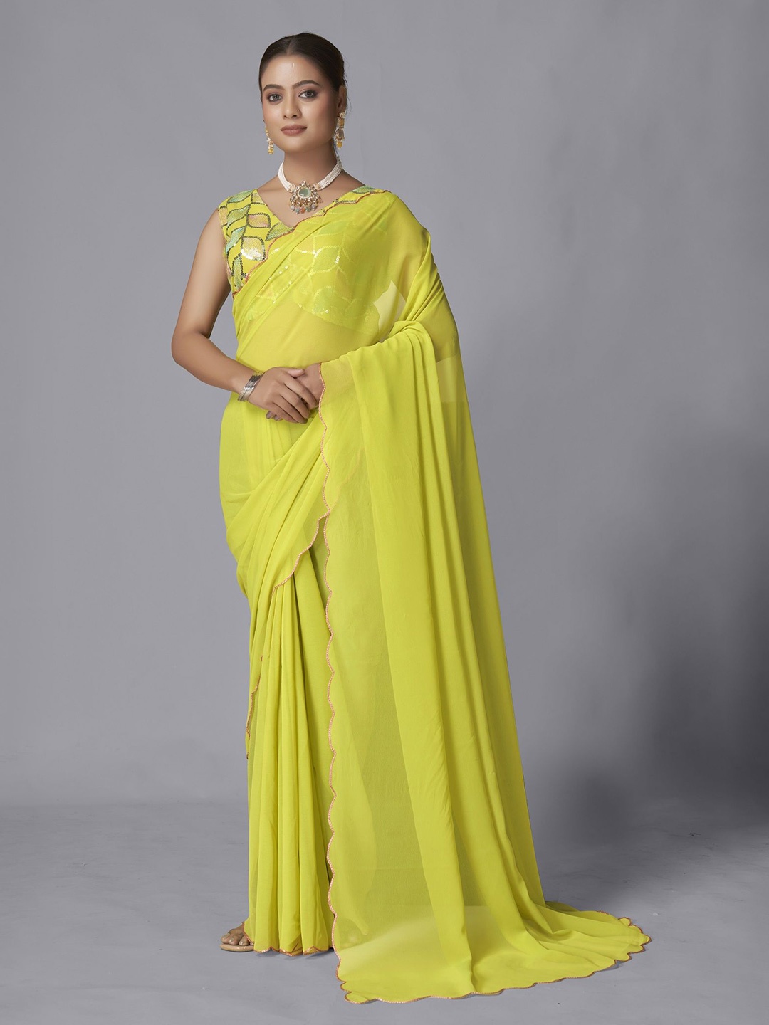 

LADY SHOPI Embroidered Pure Georgette Saree, Yellow