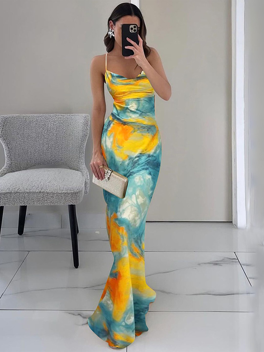 

LULU & SKY Printed Shoulder Straps Backless Maxi Dress, Blue