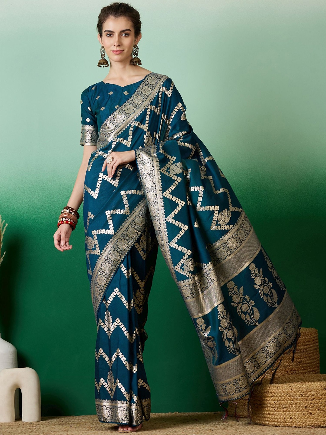 

SHADOW & SAINING Woven Design Zari Silk Blend Banarasi Saree, Teal