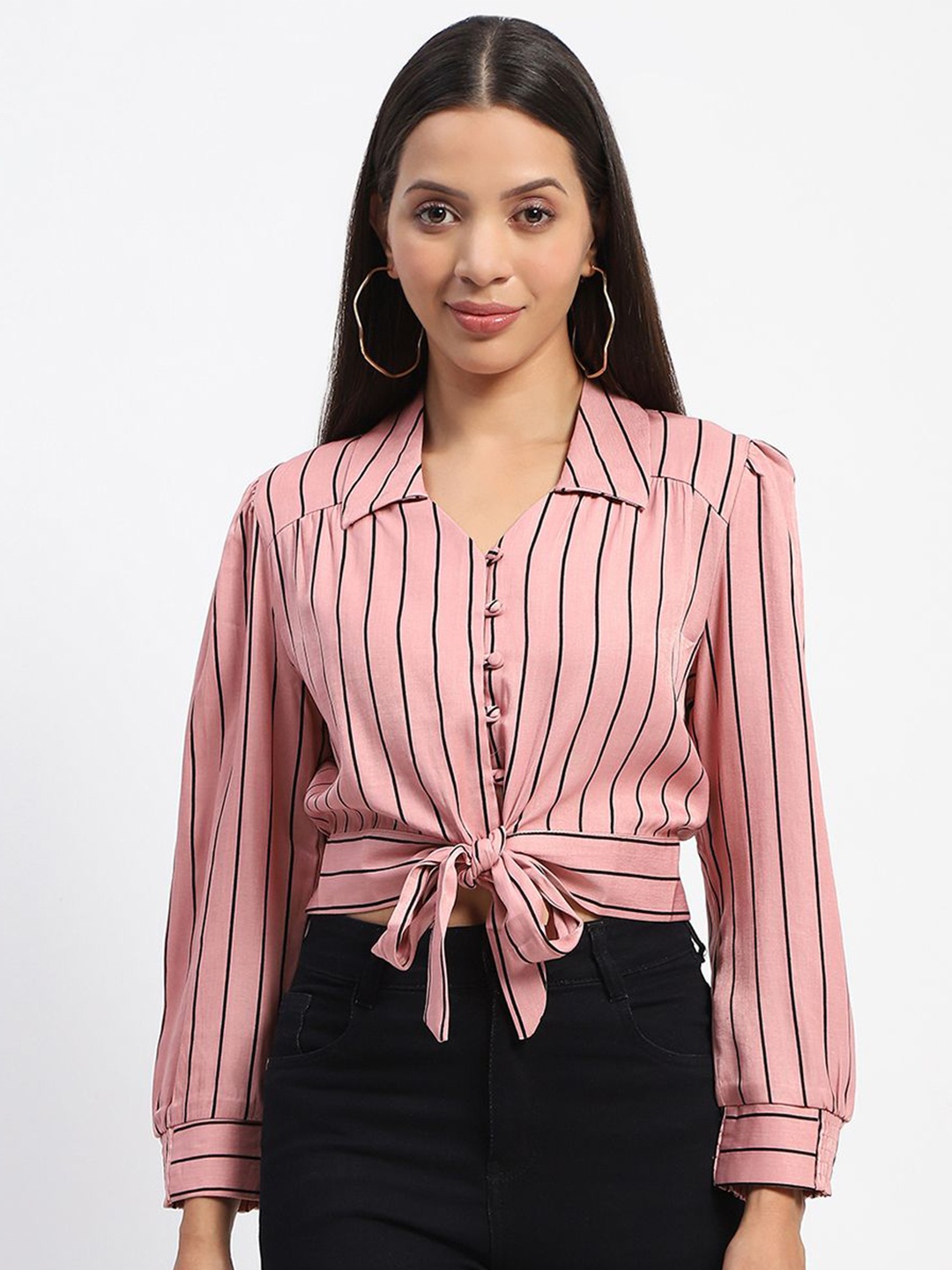 

Madame Women Spread Collar Striped Casual Shirt, Pink