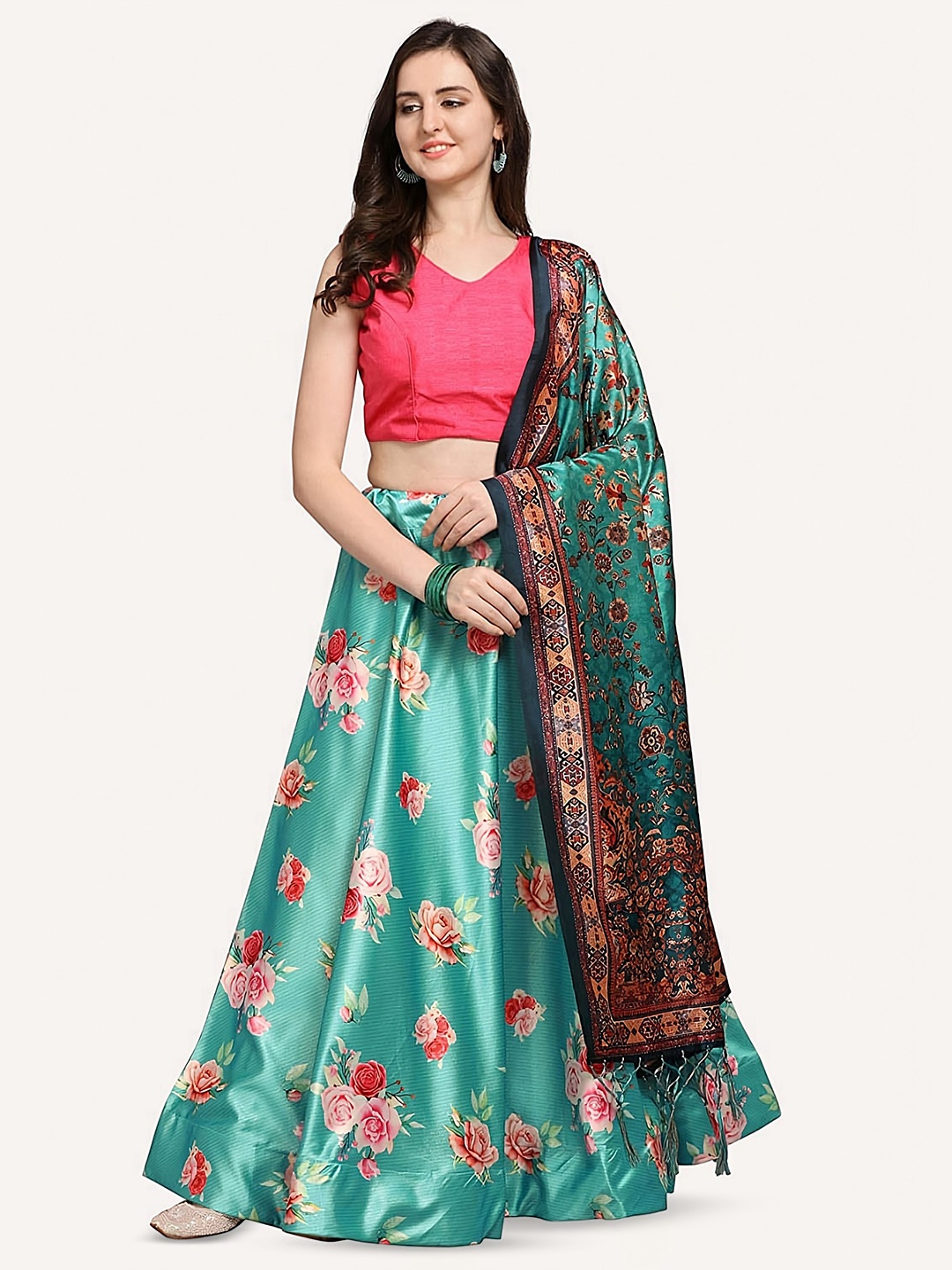 

Kaizen TEXO FAB Floral Printed Semi-Stitched Lehenga & Unstitched Blouse With Dupatta, Teal