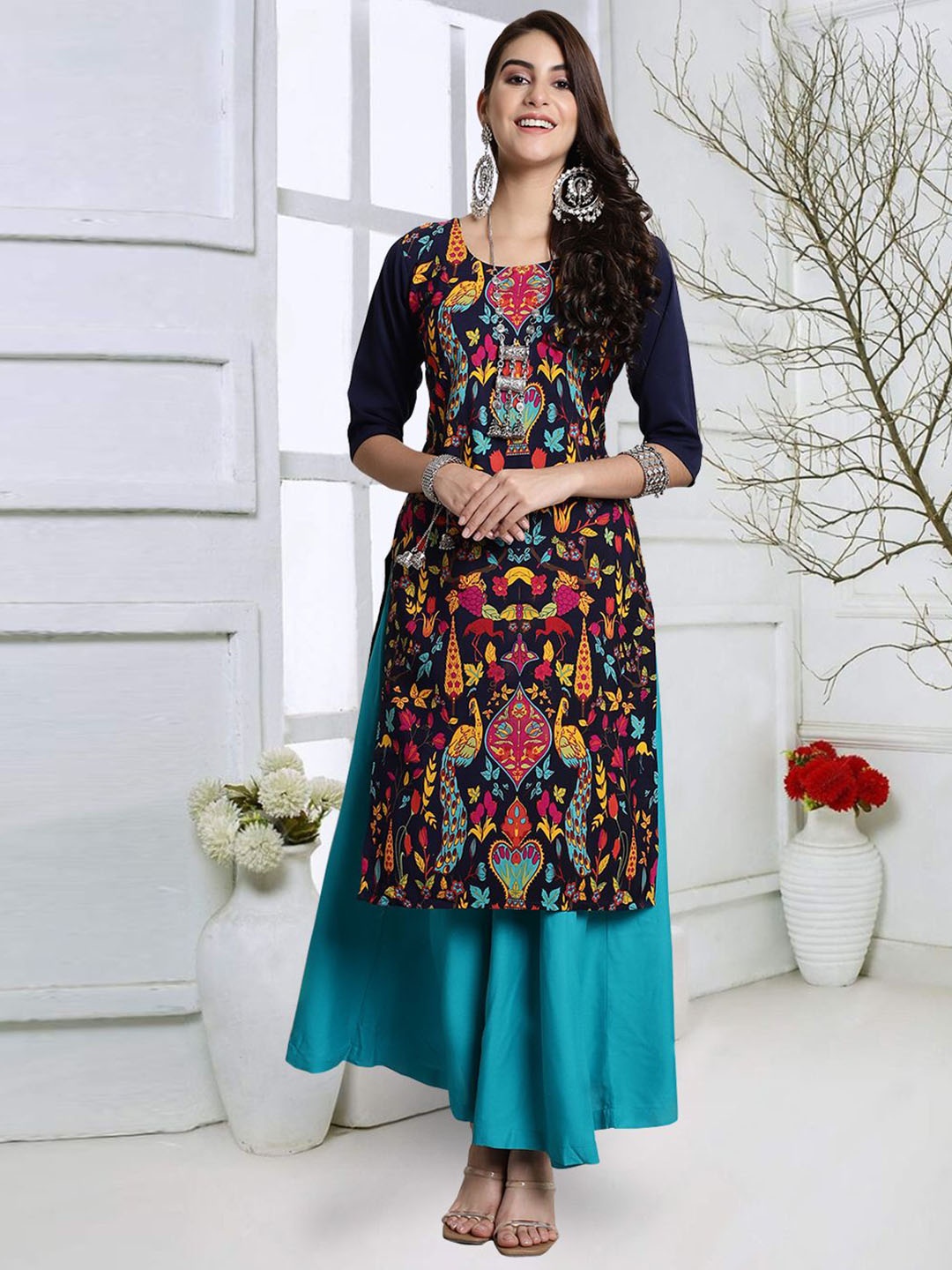 

7Threads Floral Printed Round Neck Crepe Straight Kurta, Navy blue