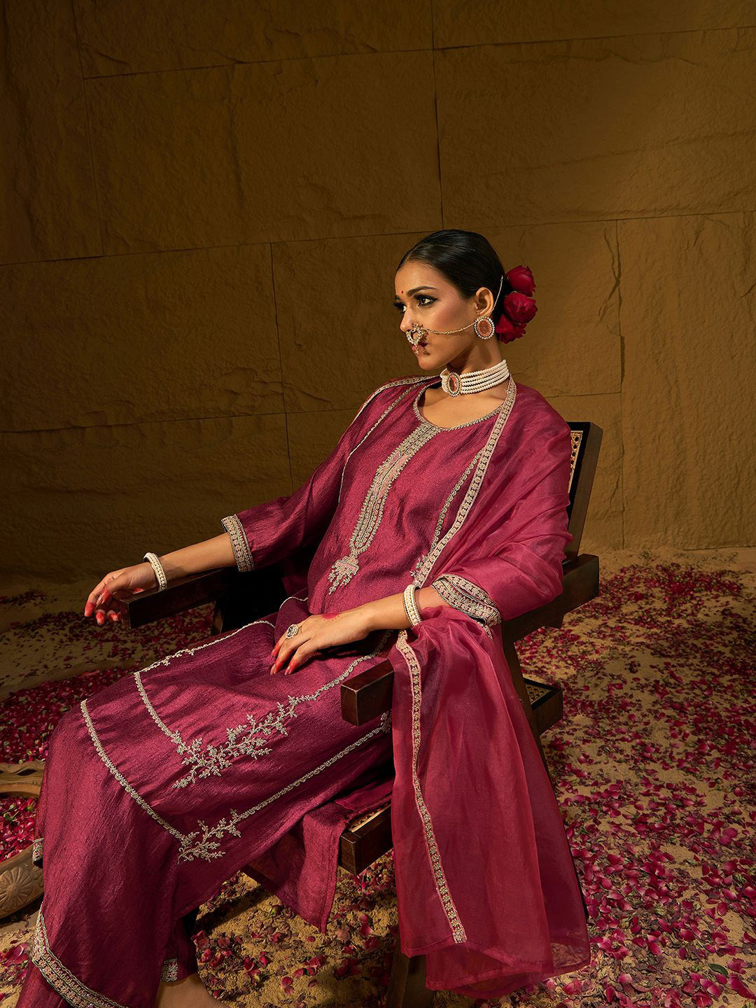 

Indo Era Ethnic Motifs Embroidered Sequinned Straight Kurta With Trousers & Dupatta, Rust