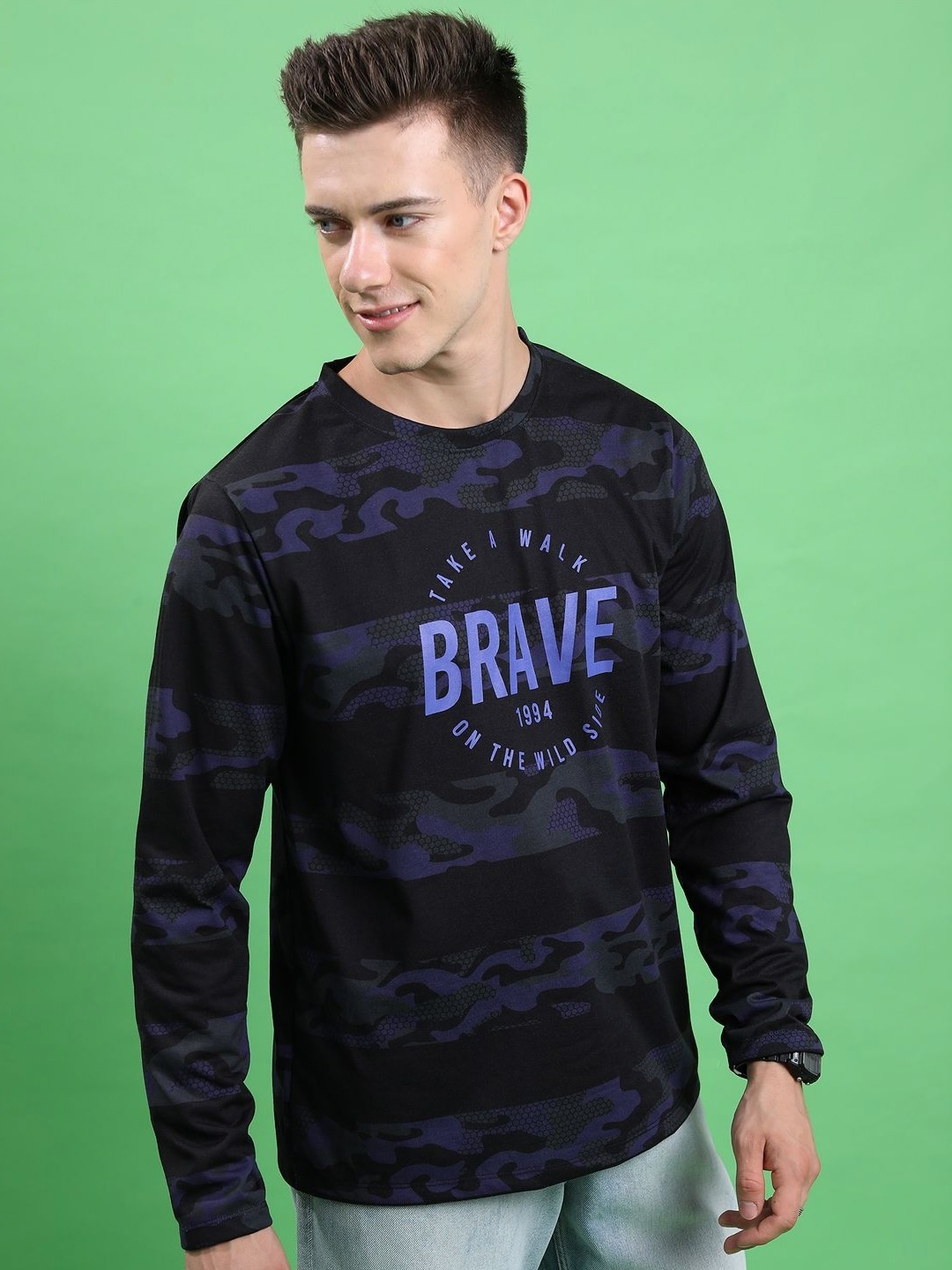 

HIGHLANDER Men Camouflage Striped Printed Round Neck T-shirt, Black