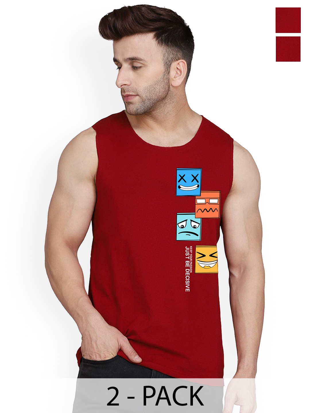 

SLOWLORIS Pack Of 2 Printed Cotton Gym Vests, Maroon