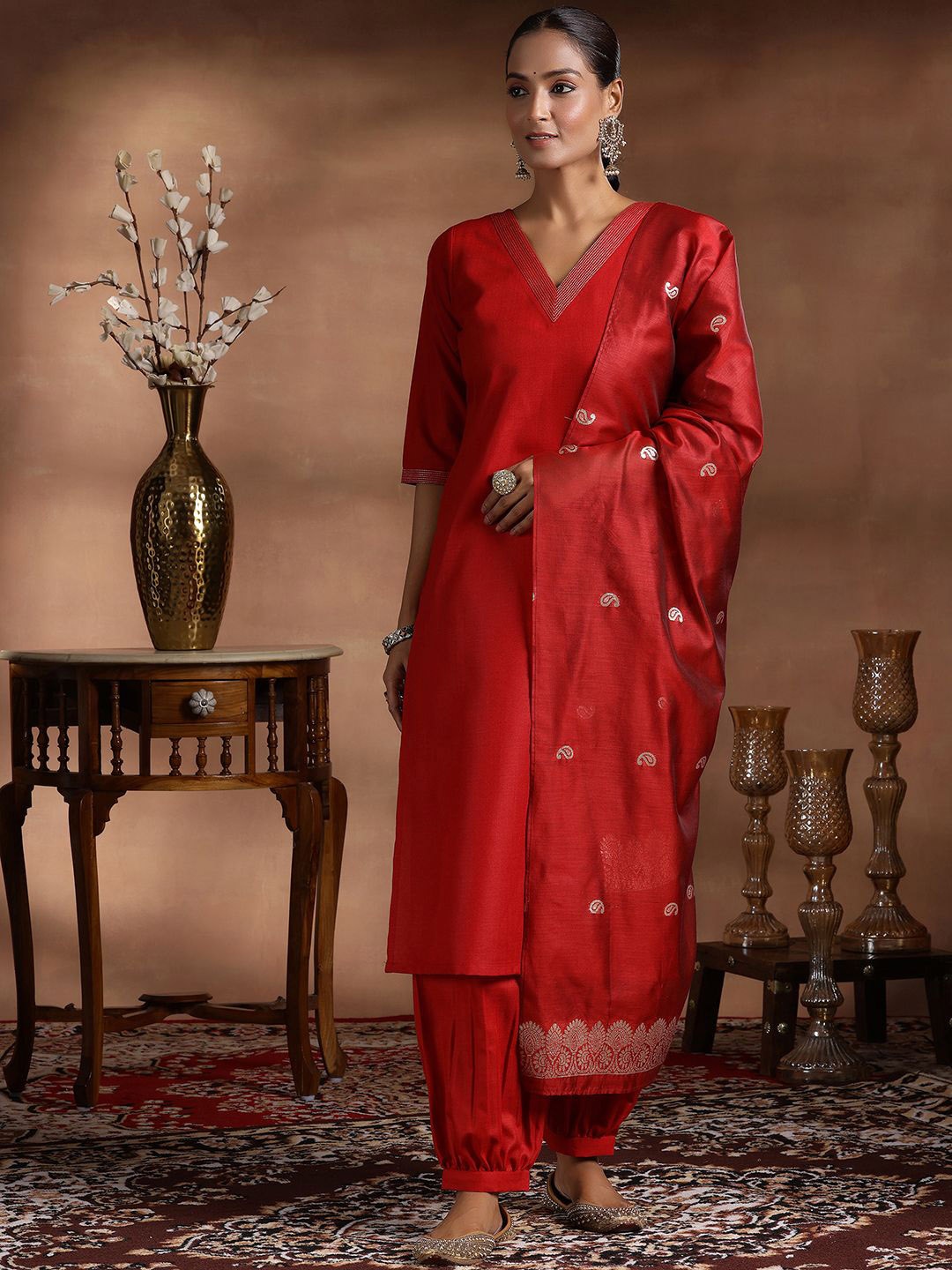 

Libas Zari V-Neck Straight Kurta With Salwar & Dupatta, Red