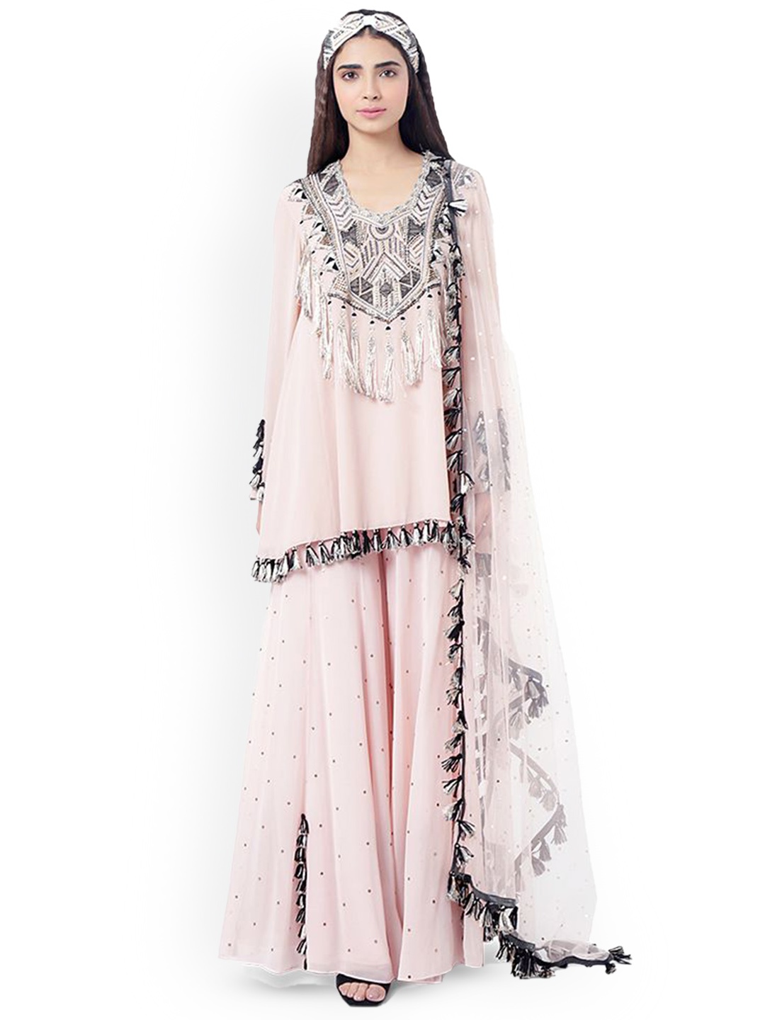 

Payal Singhal Geometric Regular Thread Work Georgette A-Line Kurti with Palazzos & Dupatta, Pink