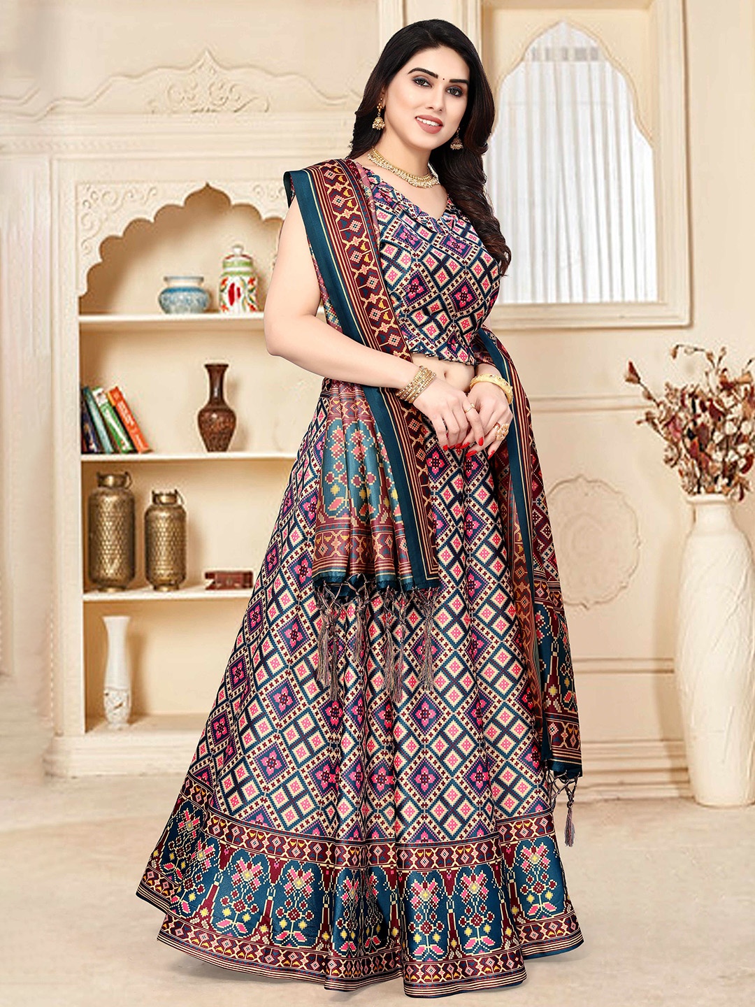 

Kaizen TEXO FAB Printed Satin Semi-Stitched Lehenga & Unstitched Blouse With Dupatta, Turquoise blue