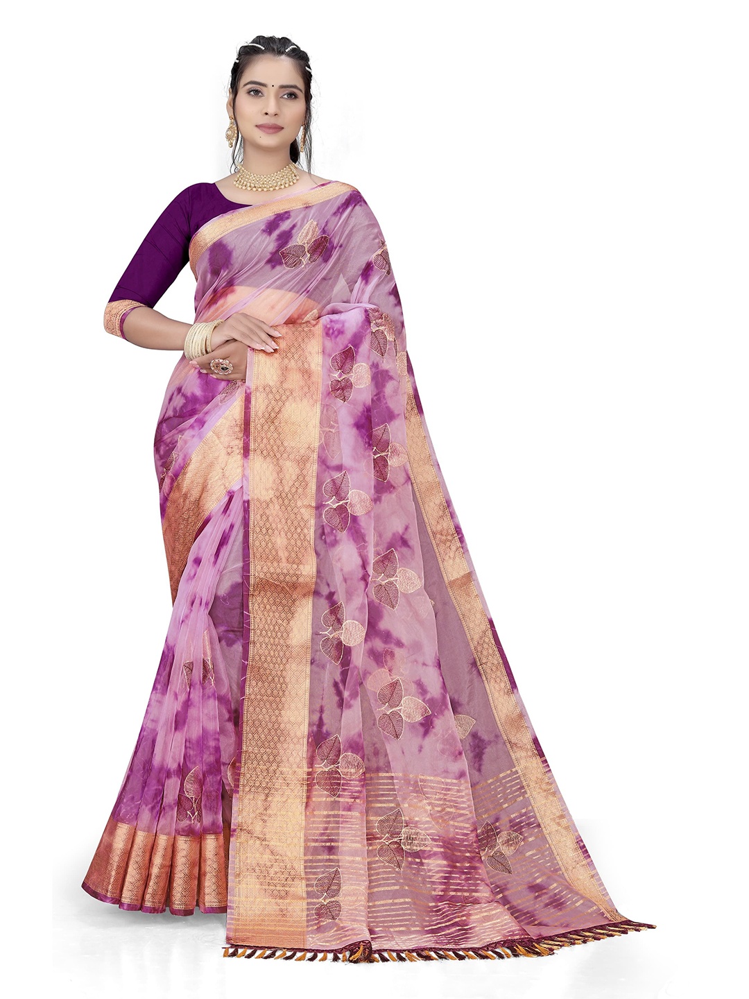 

Pemal Designer Dyed Floral Embroidered Organza Saree, Purple