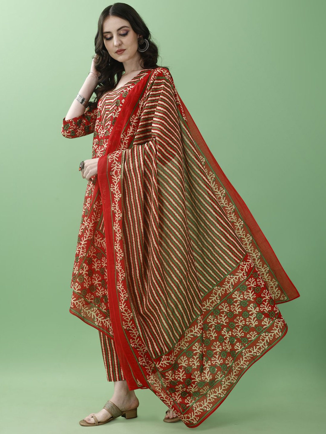 

KALINI Floral Printed Pure Cotton Kurta with Trousers & Dupatta, Red