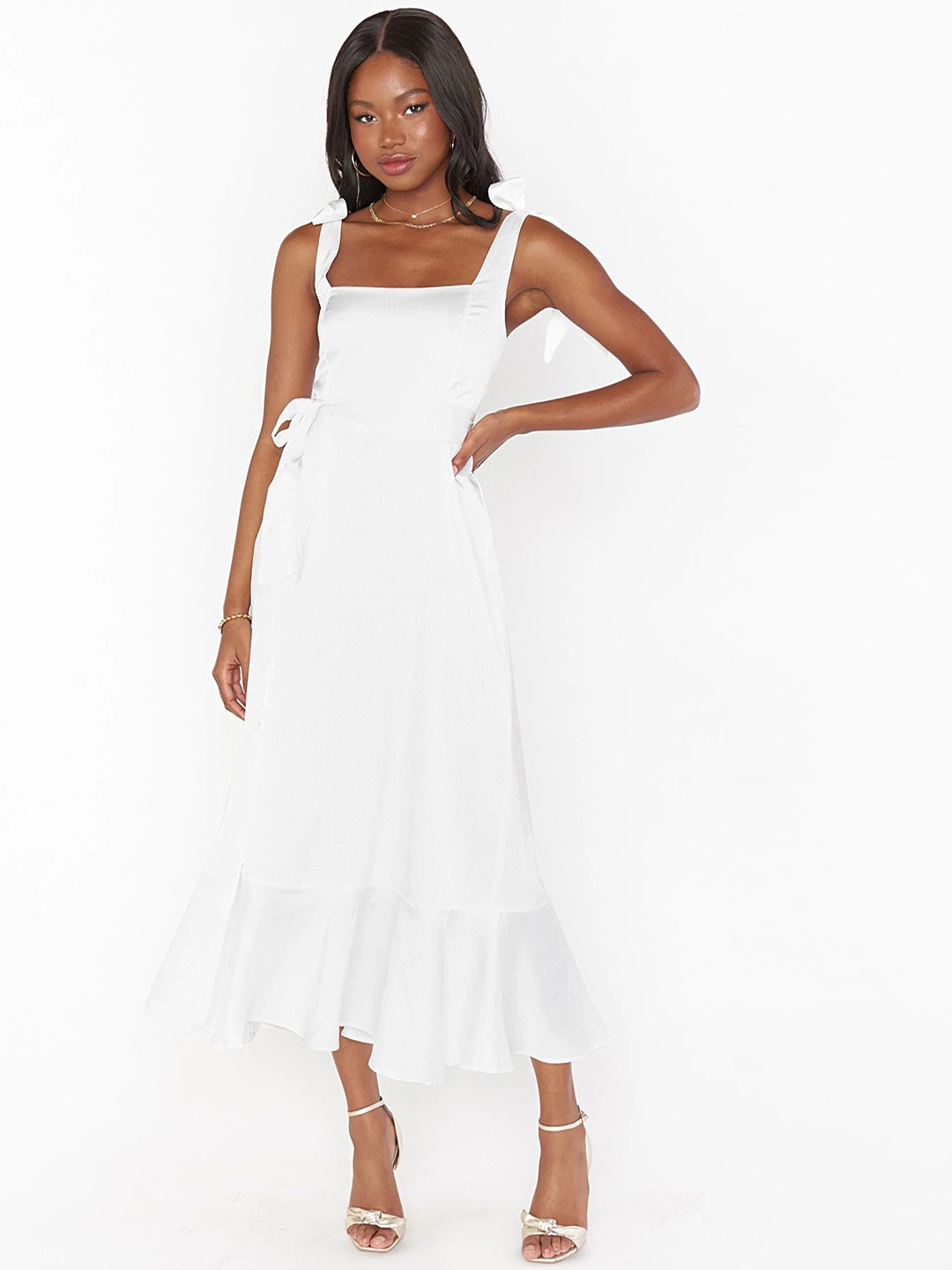 

LULU & SKY Tie-up Shoulder A-Line Midi Dress, White