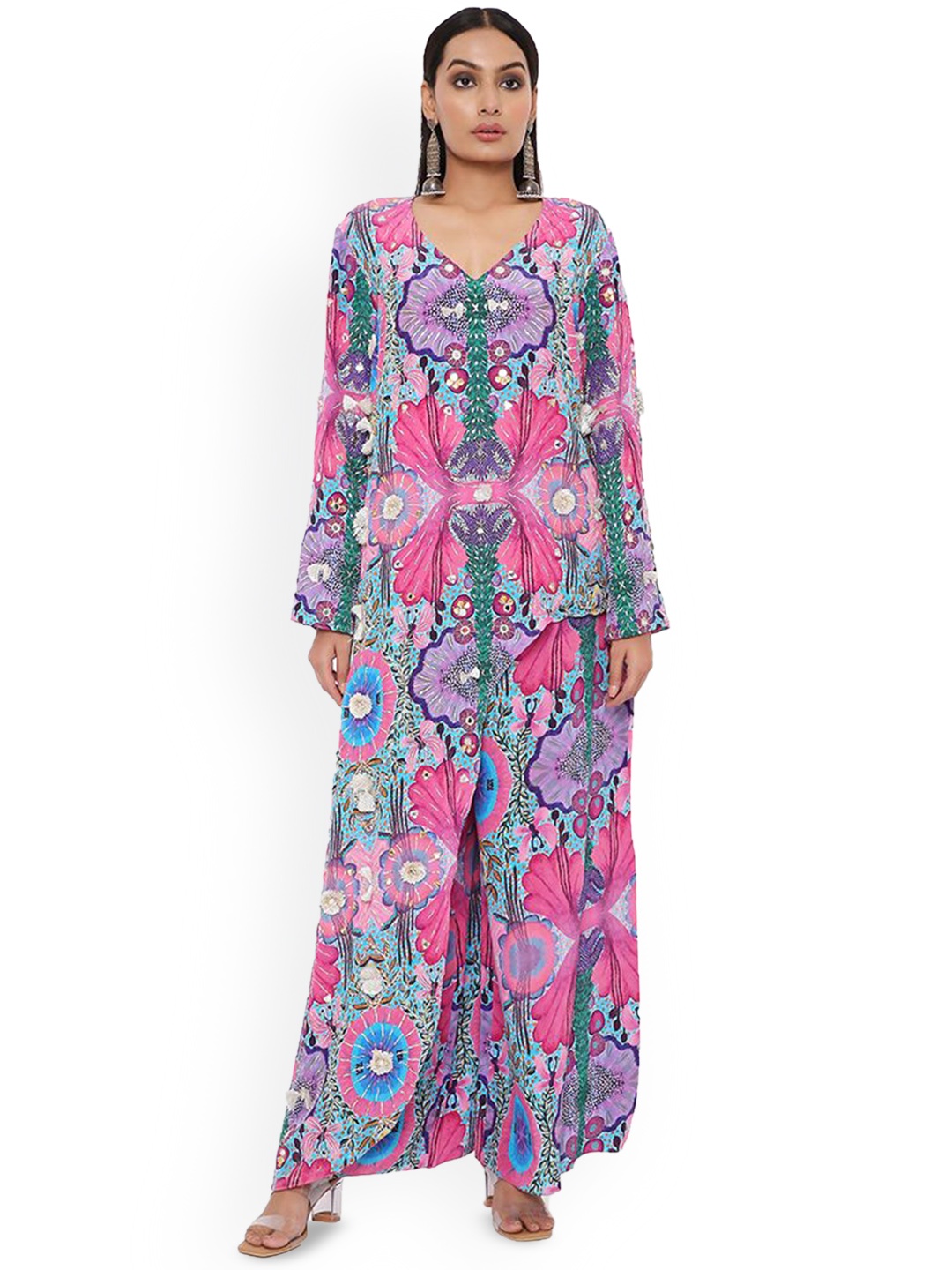 

Payal Singhal Floral Printed V-Neck Asymmetric Straight Kurta with Palazzos, Pink