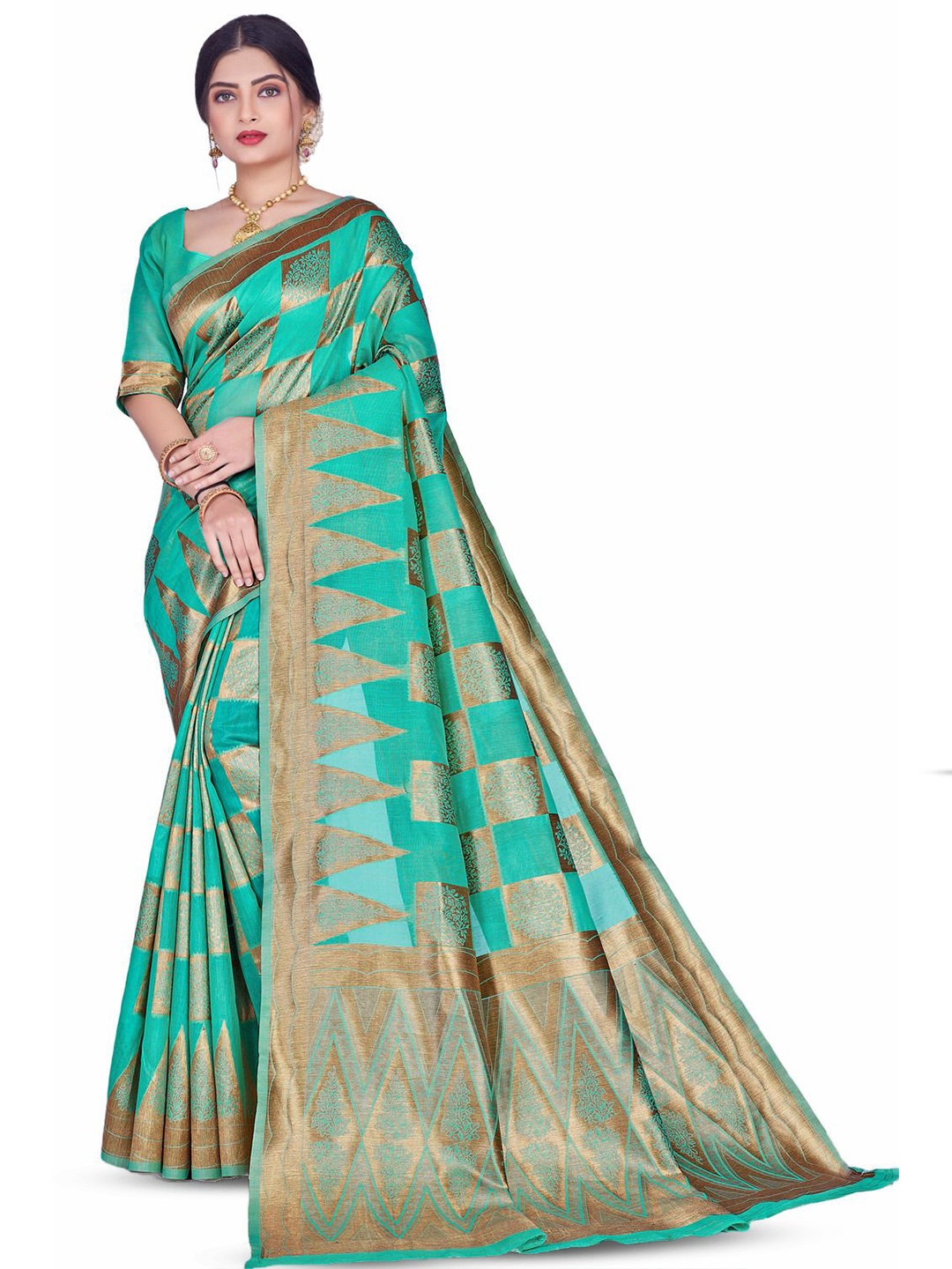 

VRAGI Ethnic Motifs Zari Kanjeevaram Saree, Turquoise blue