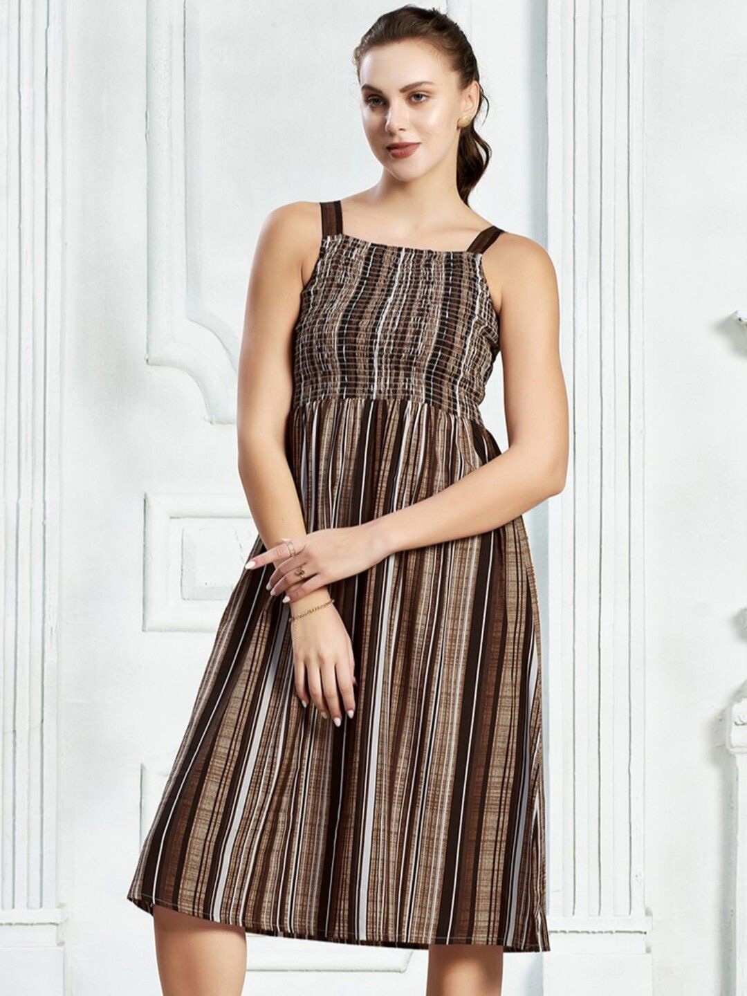 

Selvia Striped Sleeveless Smocked A-Line Dress, Brown