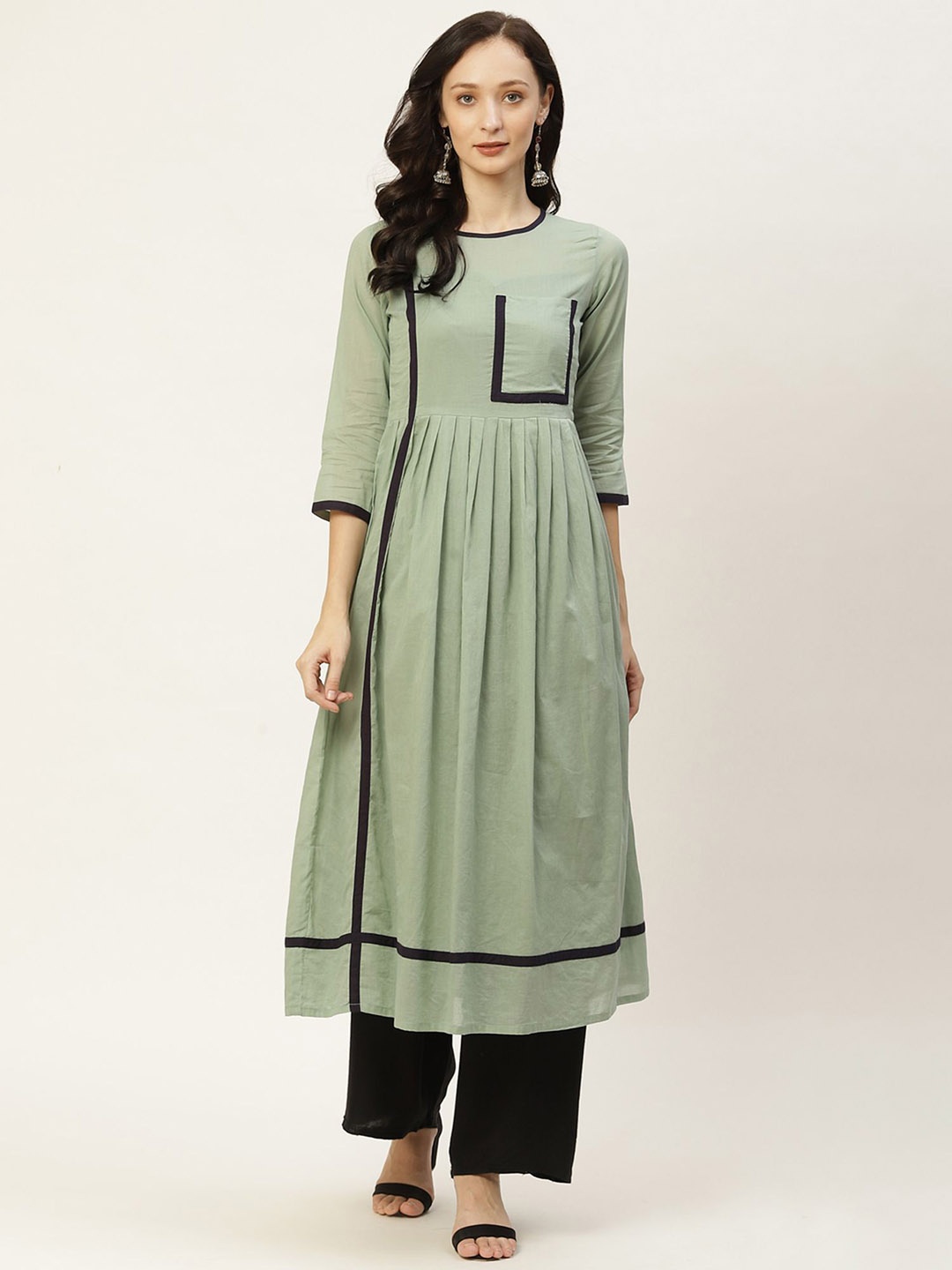 

KALINI Round Neck Cotton Anarkali Kurta, Green