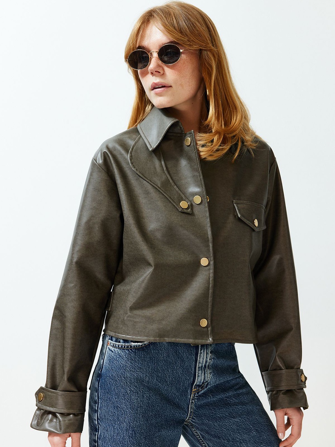 

Trendyol Women Solid Woven Leather Jacket, Green
