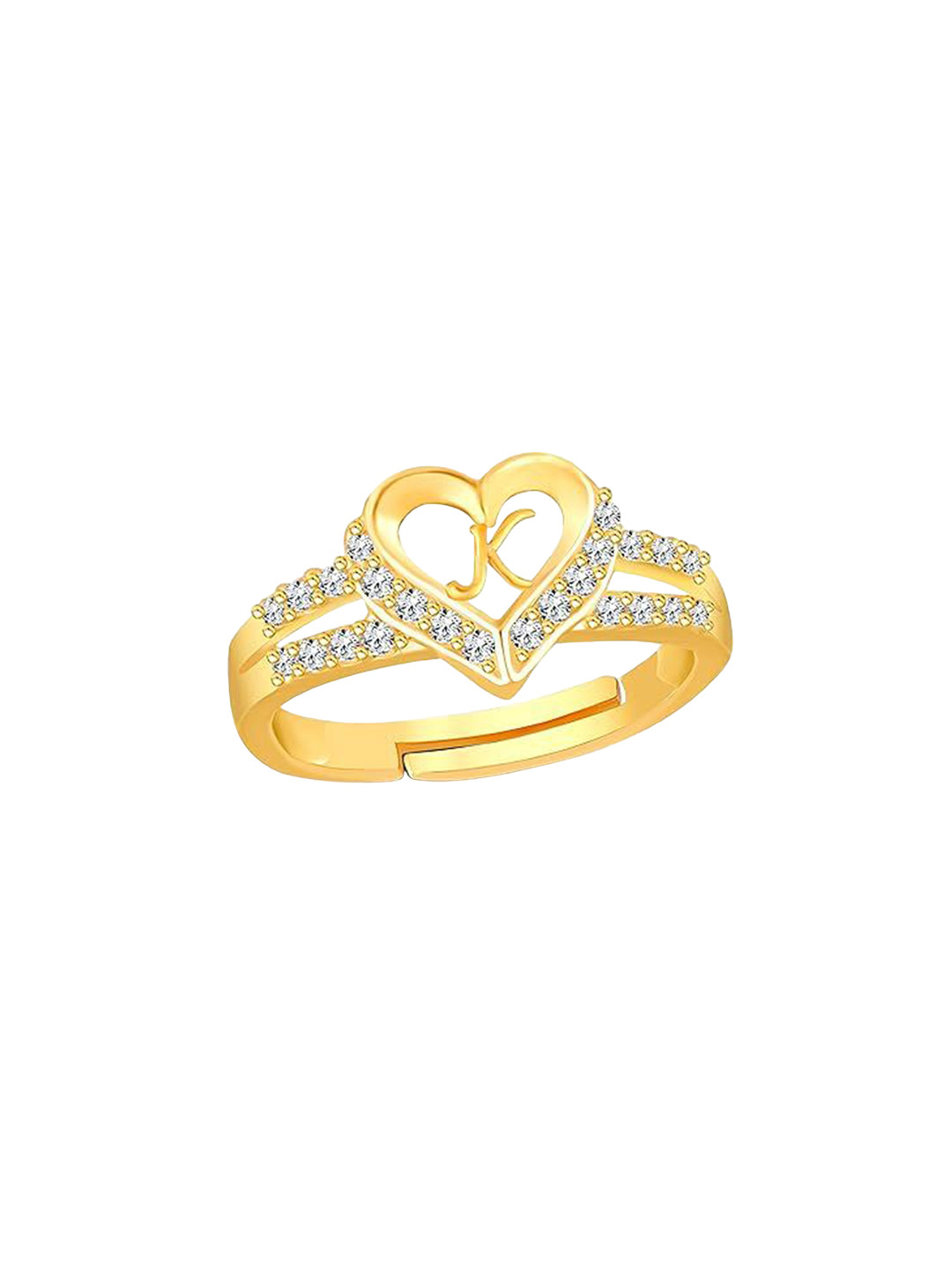 

Lila Gold-Plated Cubic Zirconia-Studded Heart Alphabet K Adjustable Finger Ring