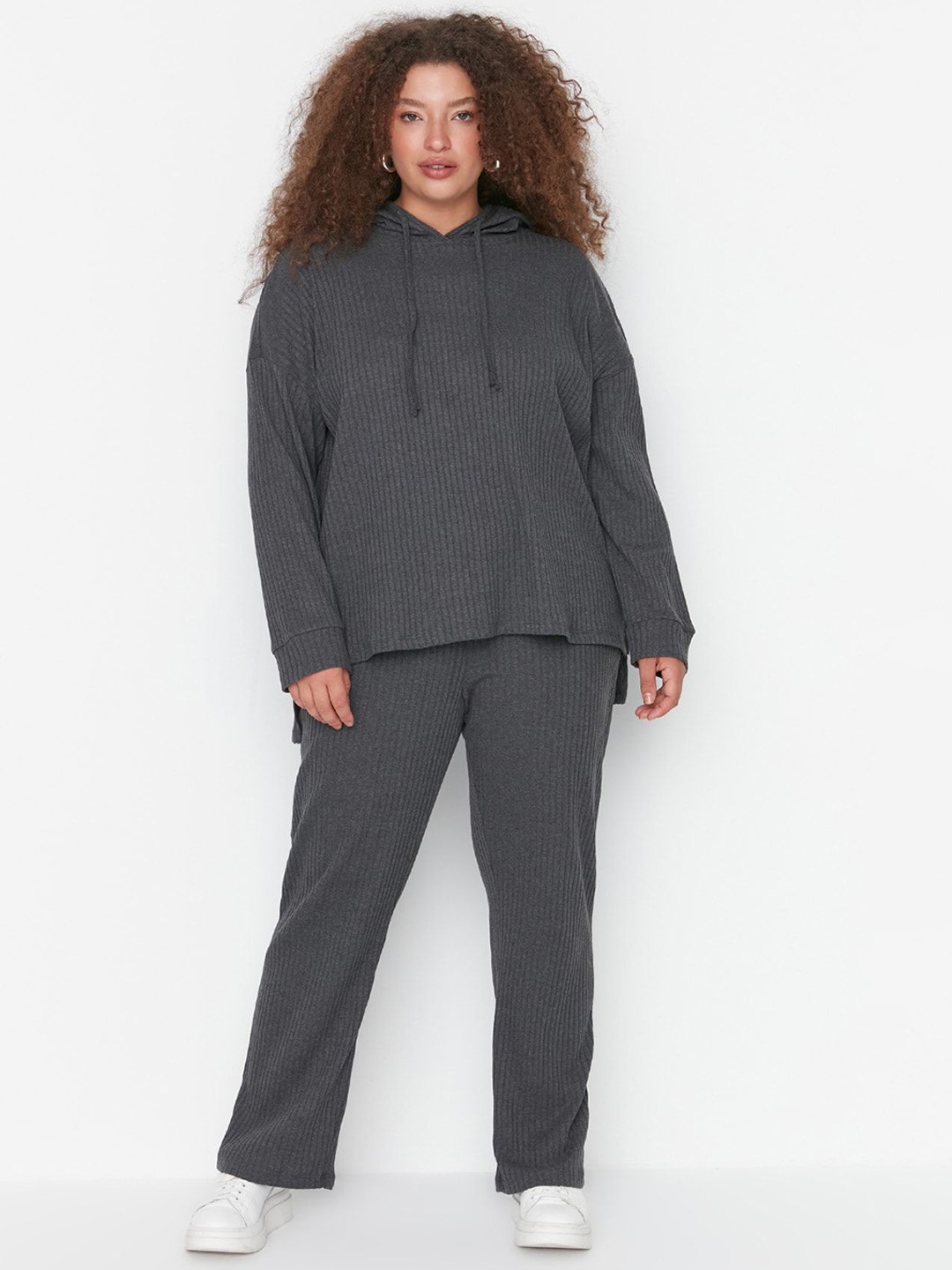 

Trendyol Plus Size Ribbed Hooded Sweater & Trousers Co-Ord Set, Grey