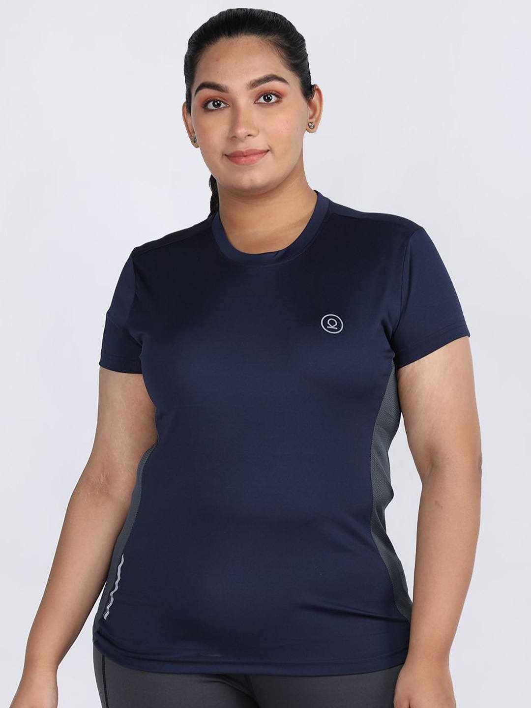 

CHKOKKO Women Dry Fit Solid Round Neck T-Shirt, Navy blue