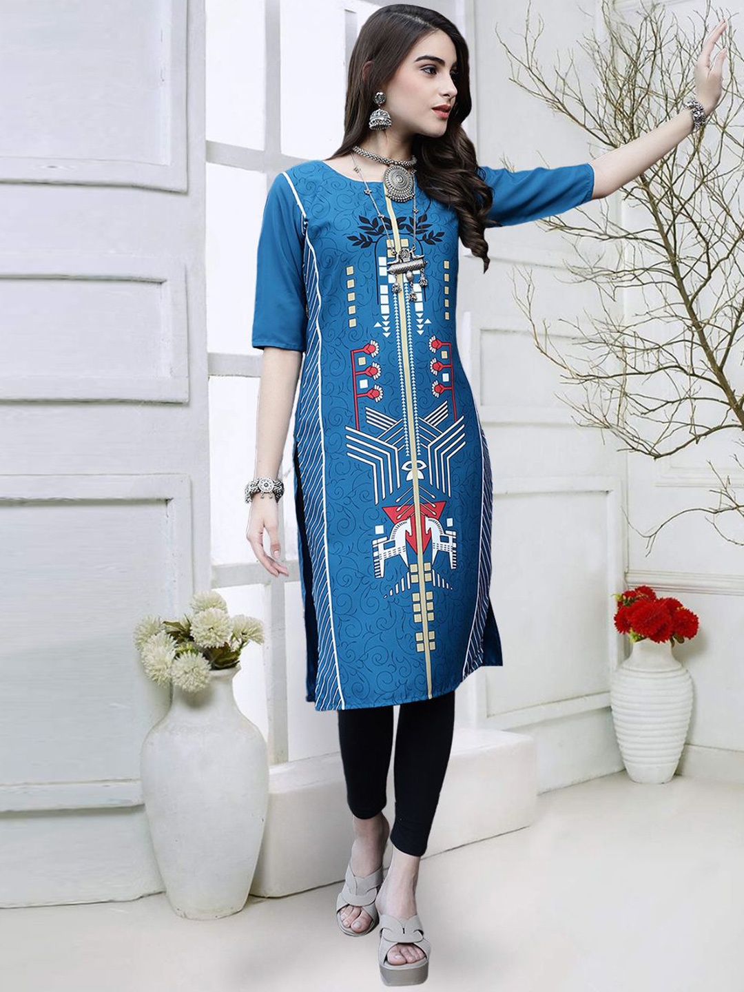 

7Threads Floral Printed Round Neck Straight Kurta, Blue