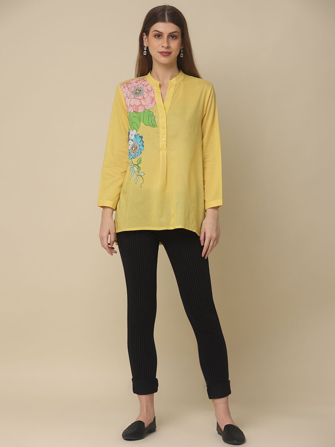 

Zolo Label Women Floral Printed Mandarin Collar Cotton Top, Yellow