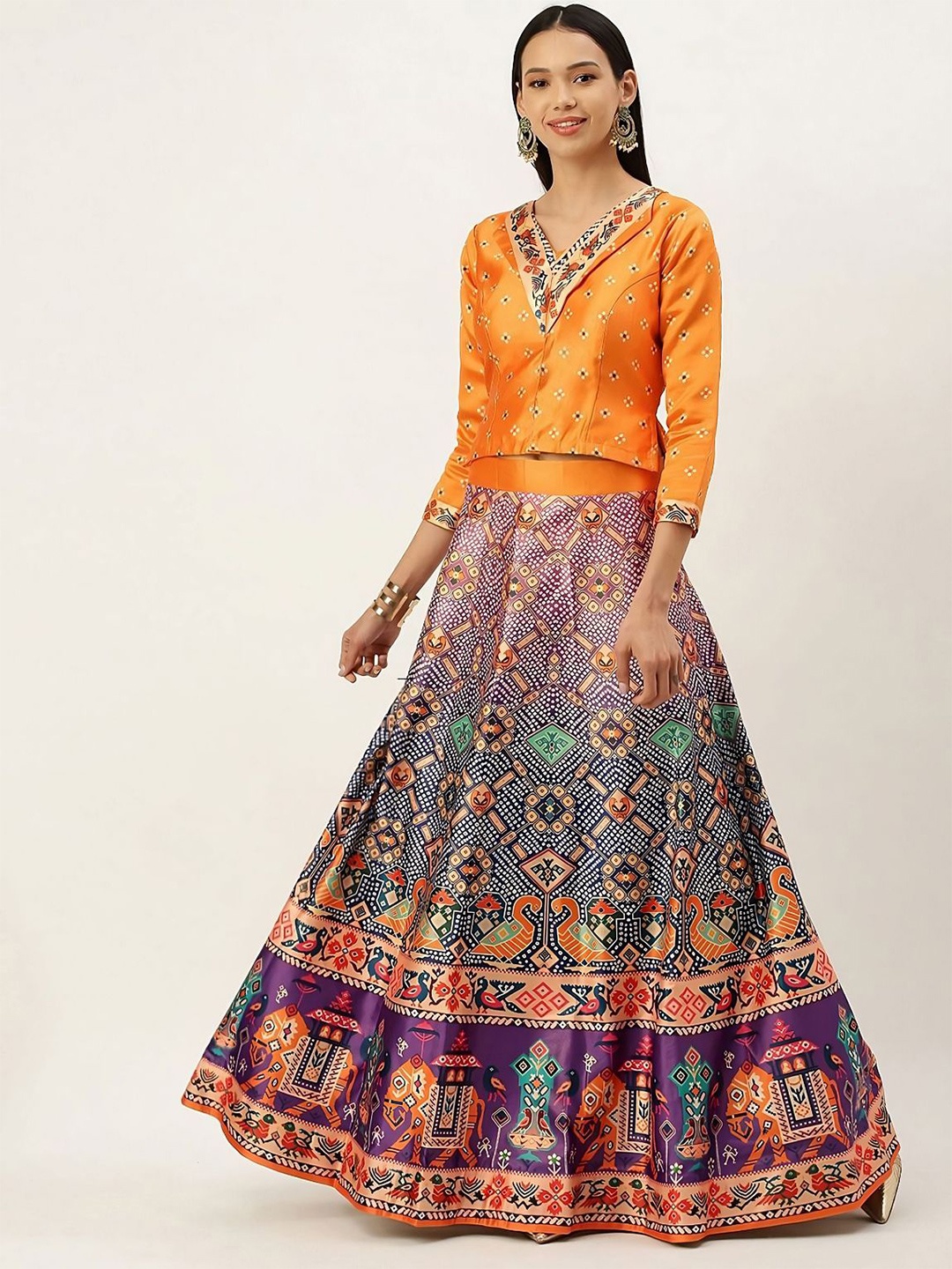 

Kaizen TEXO FAB Ethnic Motifs Printed Semi-Stitched Lehenga & Unstitched, Orange