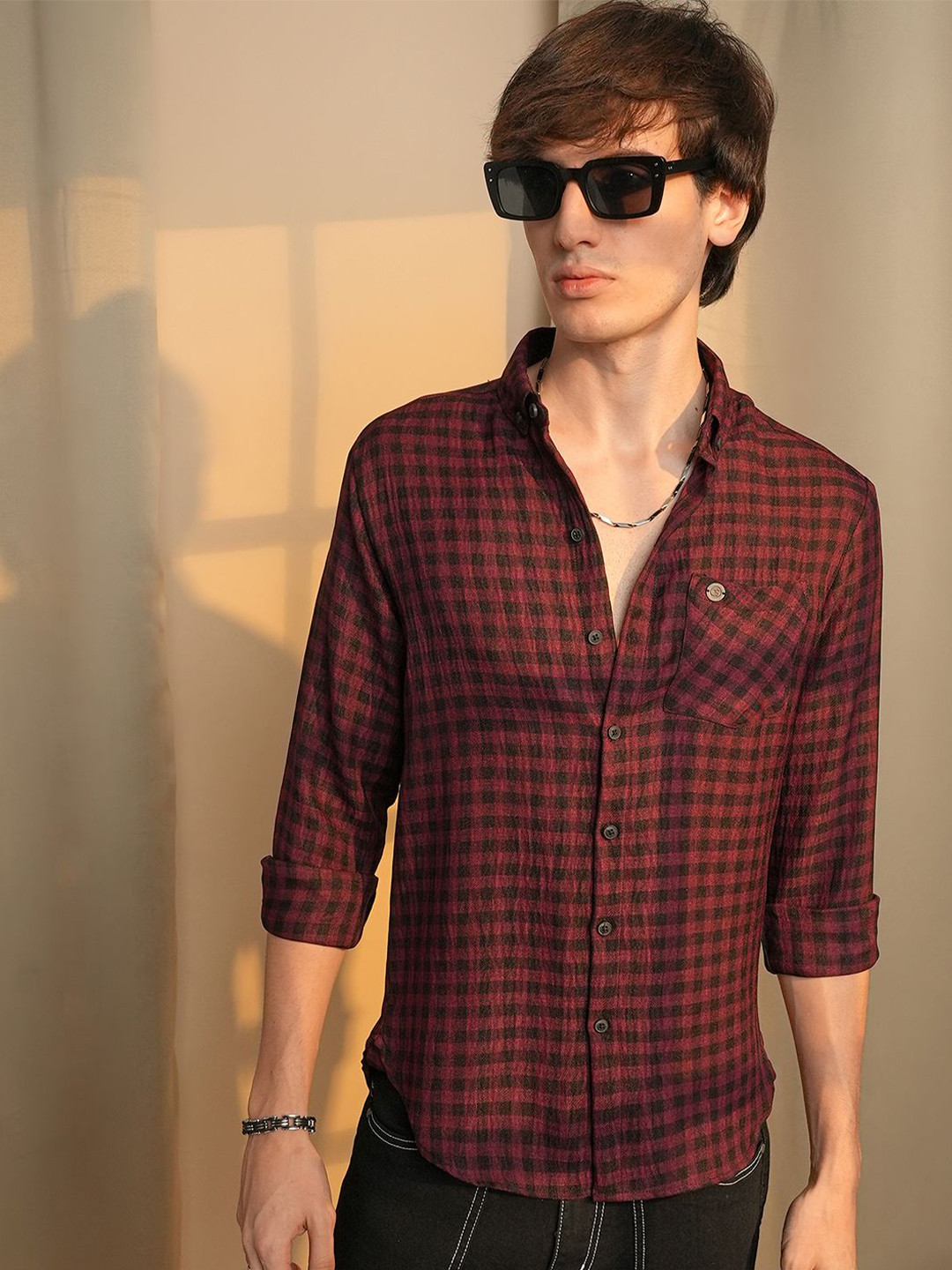 

Campus Sutra Men Comfort Button-Down Collar Tartan Checked Polycotton Casual Shirt, Maroon