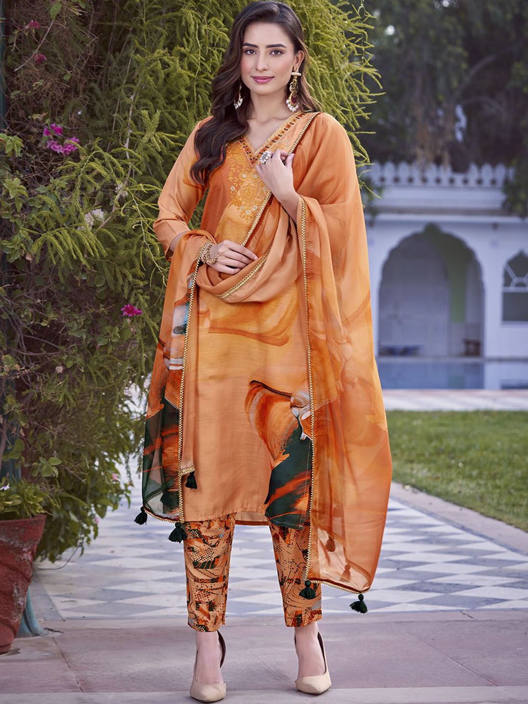 

KALINI Floral Embroidered Thread Work Kurta with Trousers & Dupatta, Orange