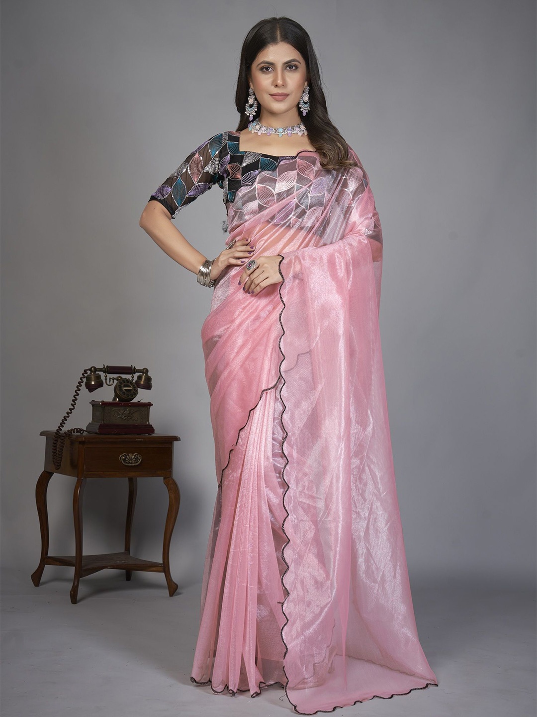 

LADY SHOPI Embroidered Organza Saree, Peach
