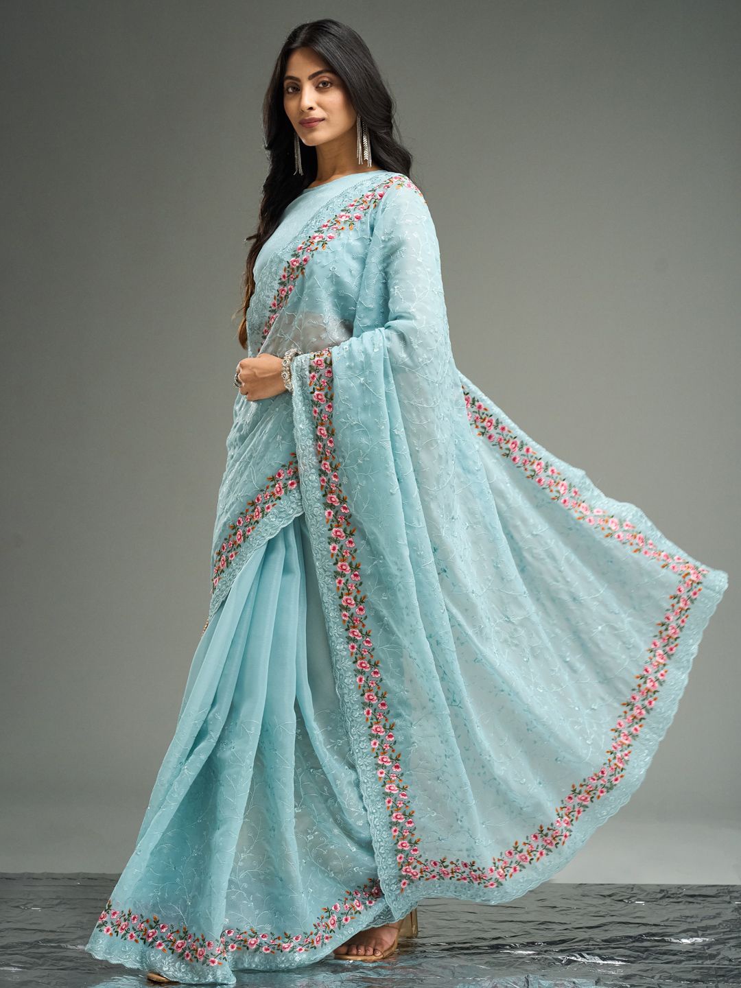 

kasee Floral Embroidered Poly Chiffon Saree, Blue
