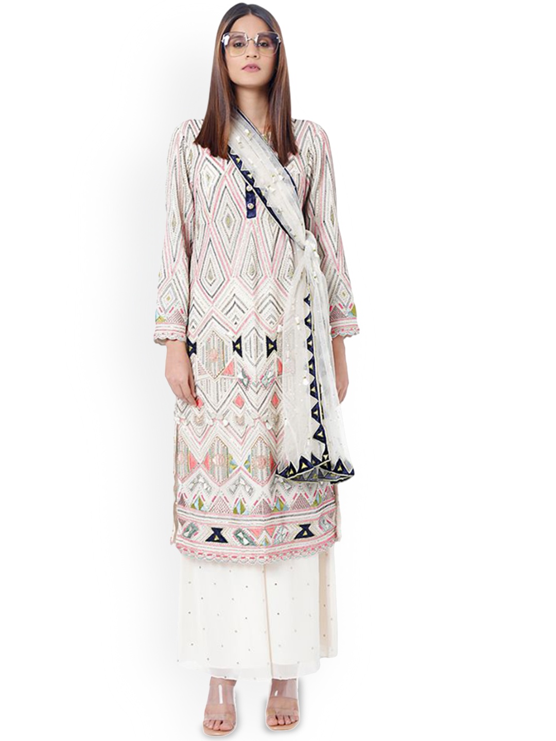 

Payal Singhal Geometric Printed Regular Georgette Straight Kurta with Palazzos & Dupatta, White